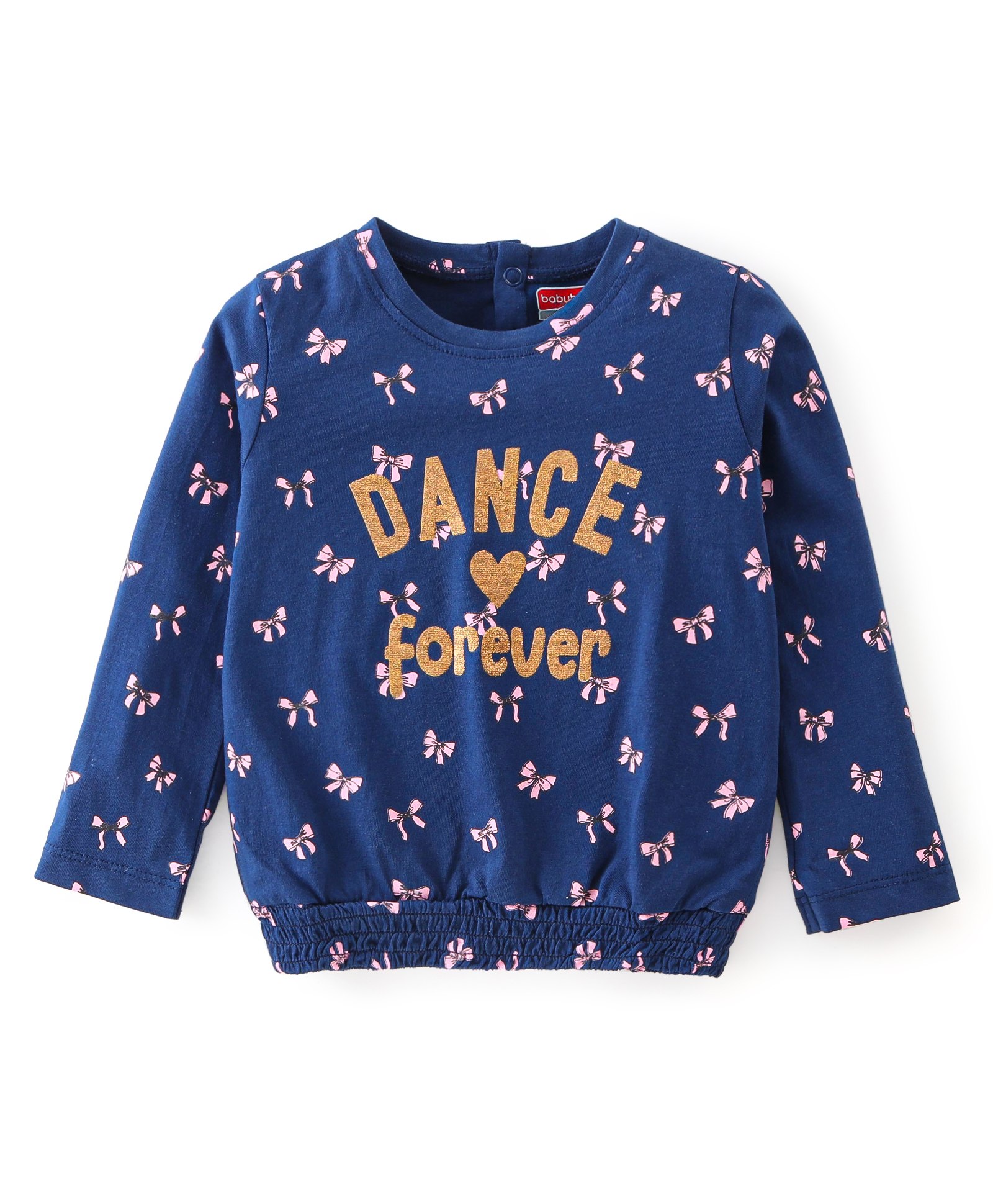 Babyhug Cotton Knit Full Sleeves T-Shirt Bow Foil Printed & Smock Detailing - Navy Blue-picture-24