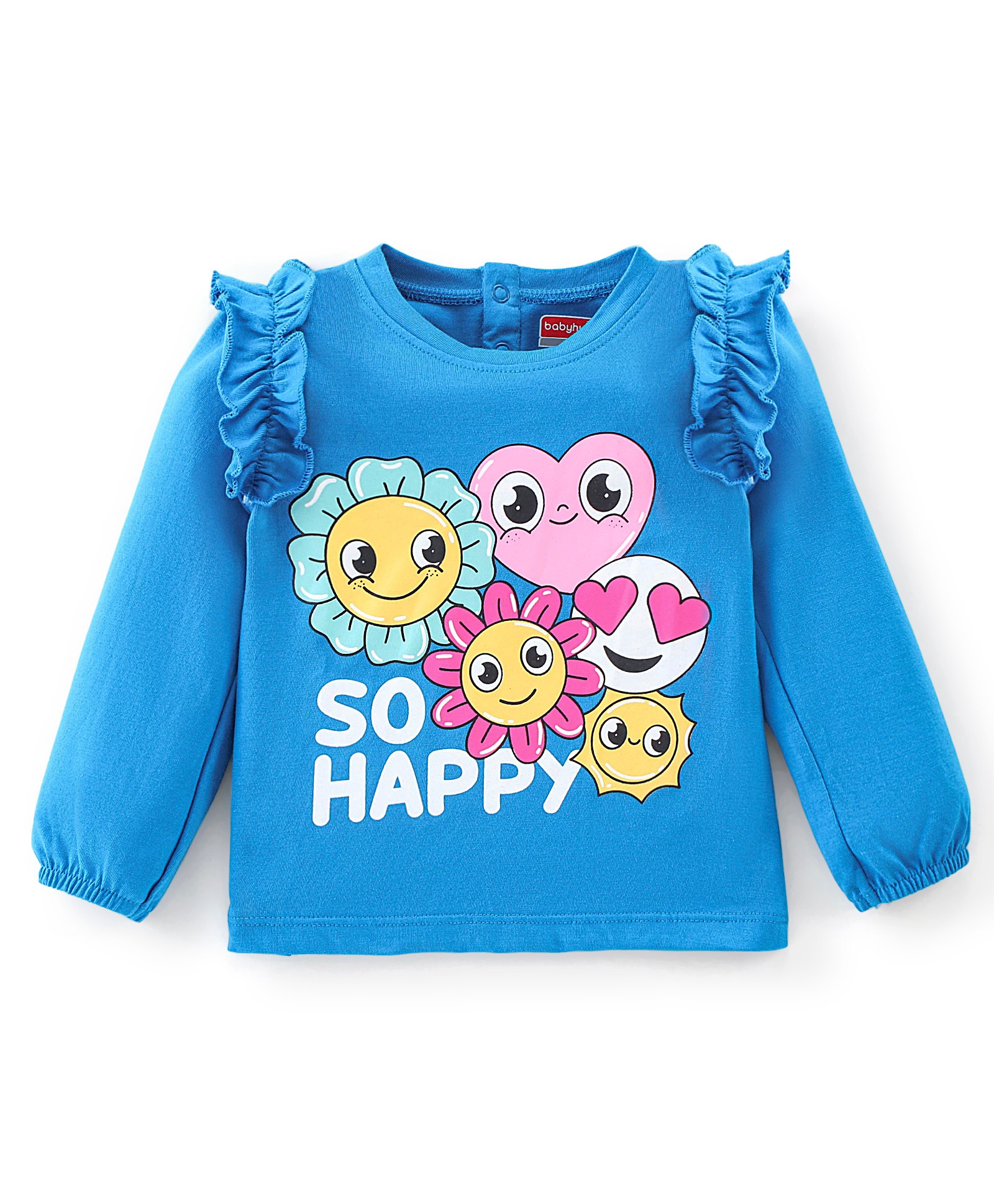 Babyhug 100% Cotton Knit Full Sleeves T-Shirt With Emoji Graphics & Frill Detailing - Blue-picture-18