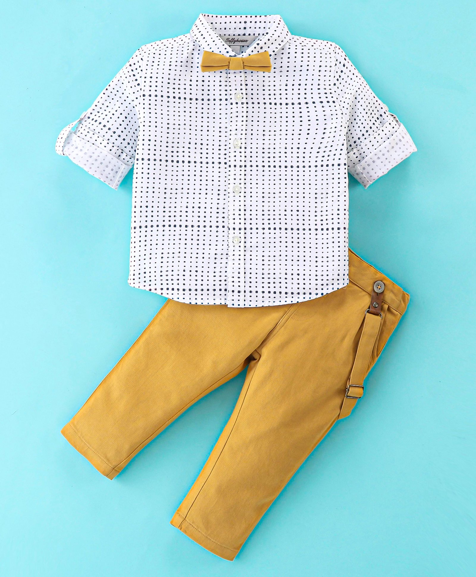 ToffyHouse 100% Cotton Full Sleeves Printed Shirt with Suspenders Trousers & Bow - White & Golden-image-32
