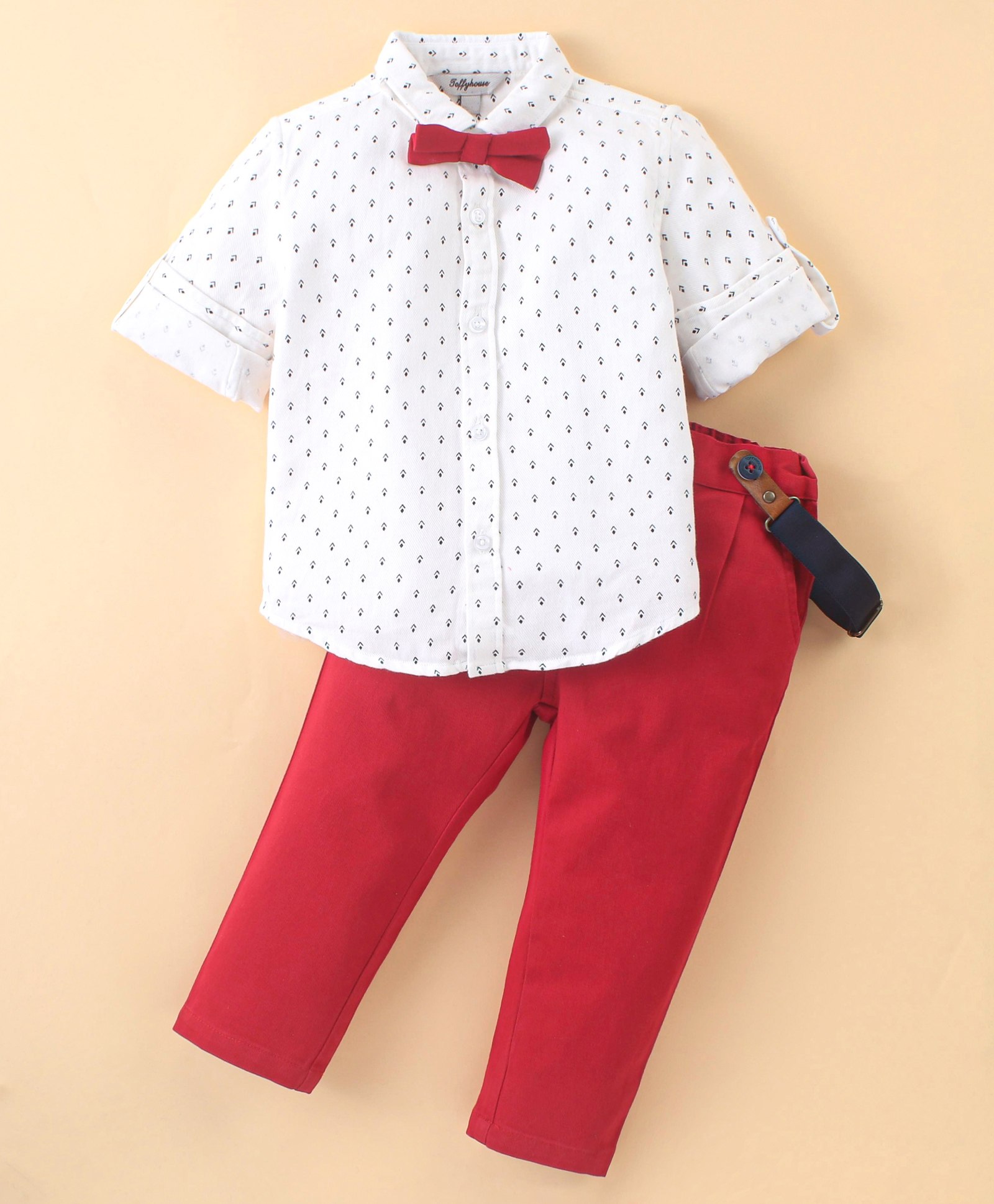 ToffyHouse 100% Cotton Woven Full Sleeves Printed Shirt and Cotton Twill Trousers Set with Bow & Suspender Red & White (Suspender Colour May Vary)-image-6