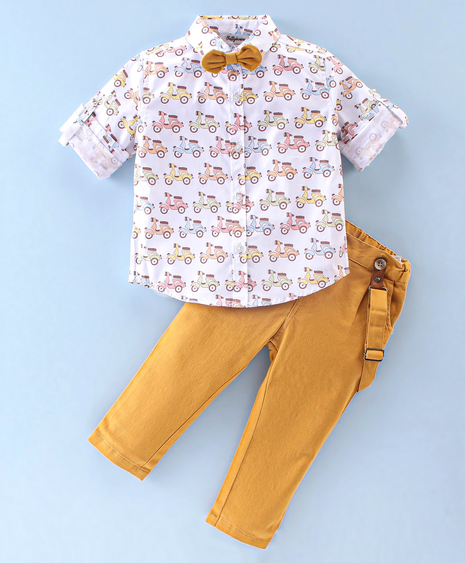 ToffyHouse 100% Cotton Woven Full Sleeves Scooter Printed Shirt and Trousers Set with Bow & Suspender - Gold-picture-21