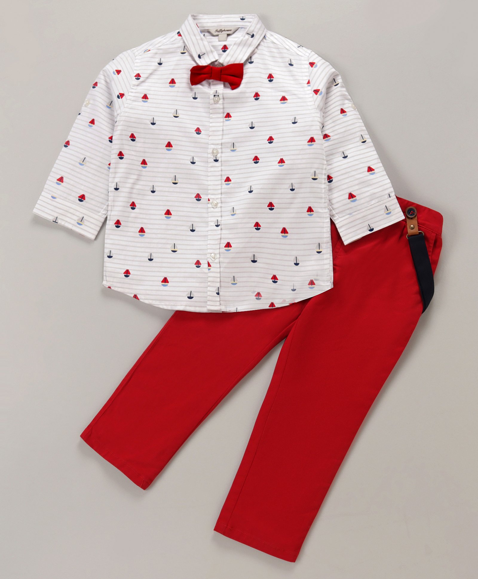 ToffyHouse Full Sleeves Shirt & Bottom With Bow & Suspender - Red & White (Bow Colour & Design May Vary)-image-8