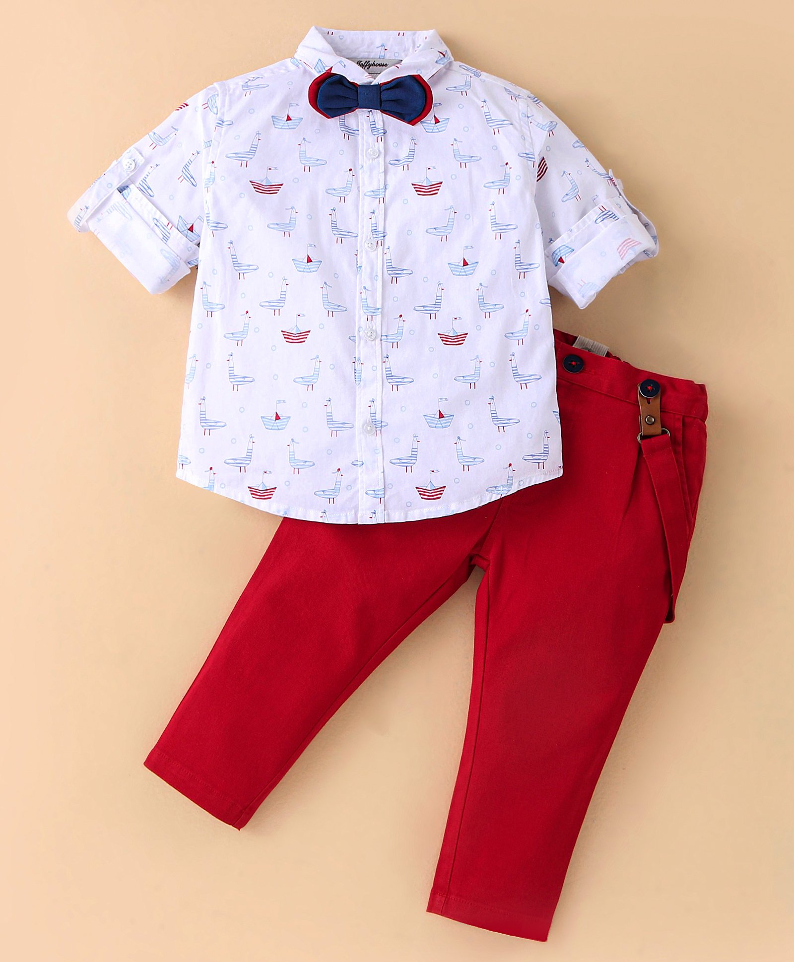 ToffyHouse Cotton Full Sleeves Design Printed Shirt & Trouser Set with Bow Tie & Suspenders - White & Red (Bow Color May Vary)-image-43