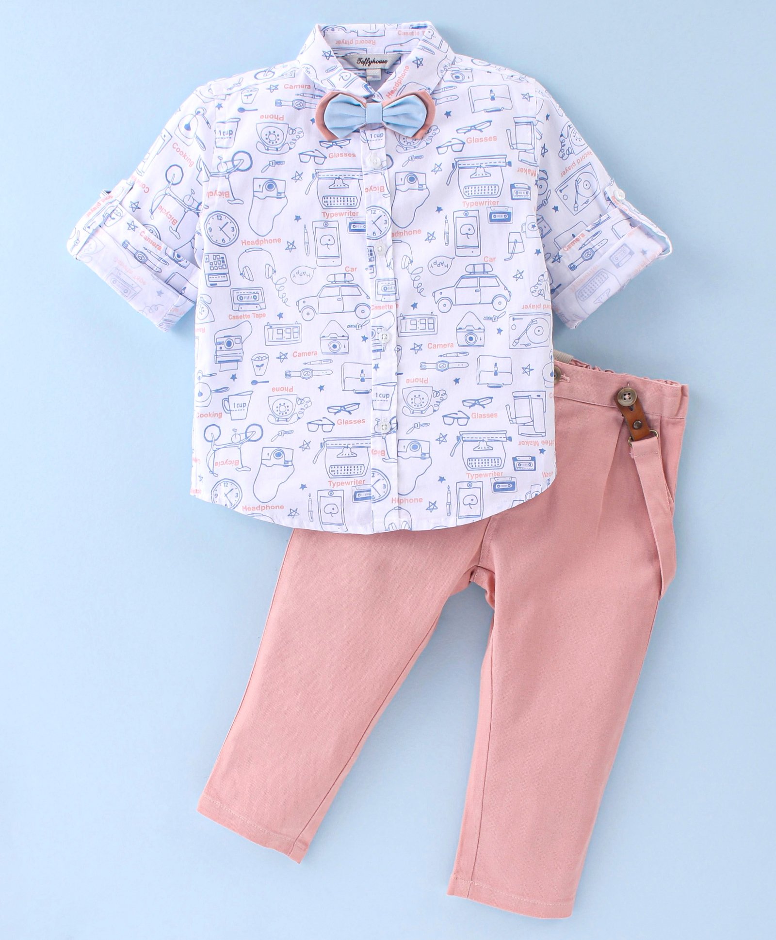 ToffyHouse Cotton Full Sleeves Shirt With Trouser & Suspenders Car Print - (Suspender Pattern and Bow colour may vary)-picture-18