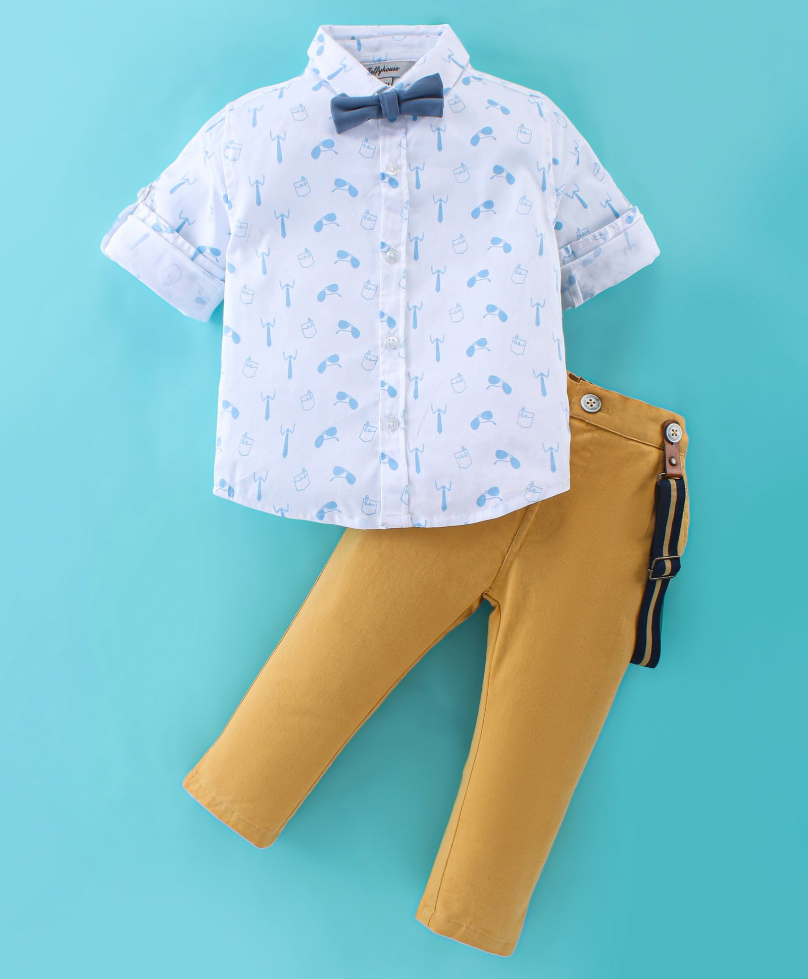 ToffyHouse 100% Woven Cotton Full Sleeves Printed Shirt & Trouser Set with Suspender & Bow - White & Mustard-image-5