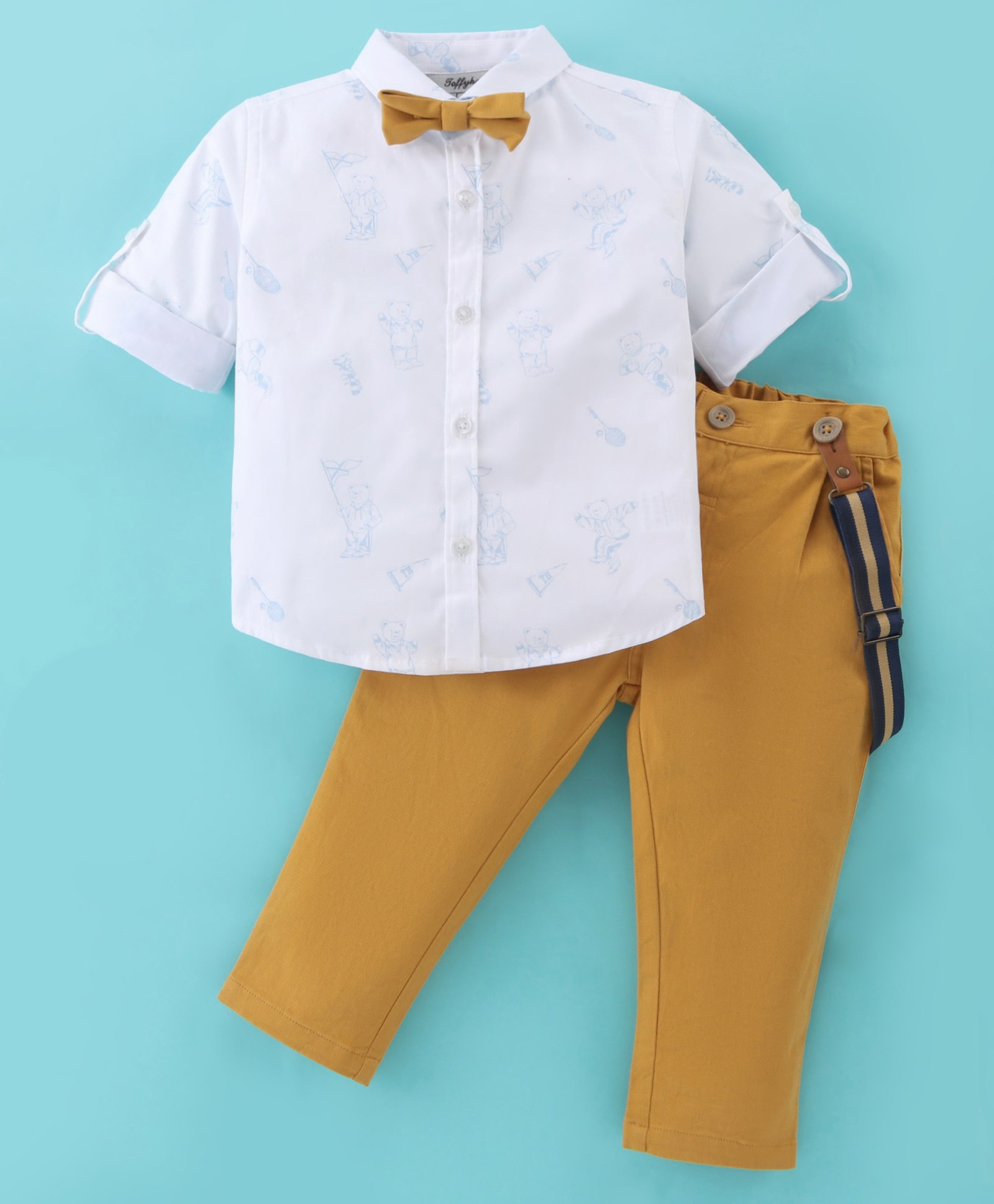 ToffyHouse Cotton Full Sleeves Bear Printed Shirt & Pant Set with Bow Tie & Suspenders - White & Yellow Gold-image-44