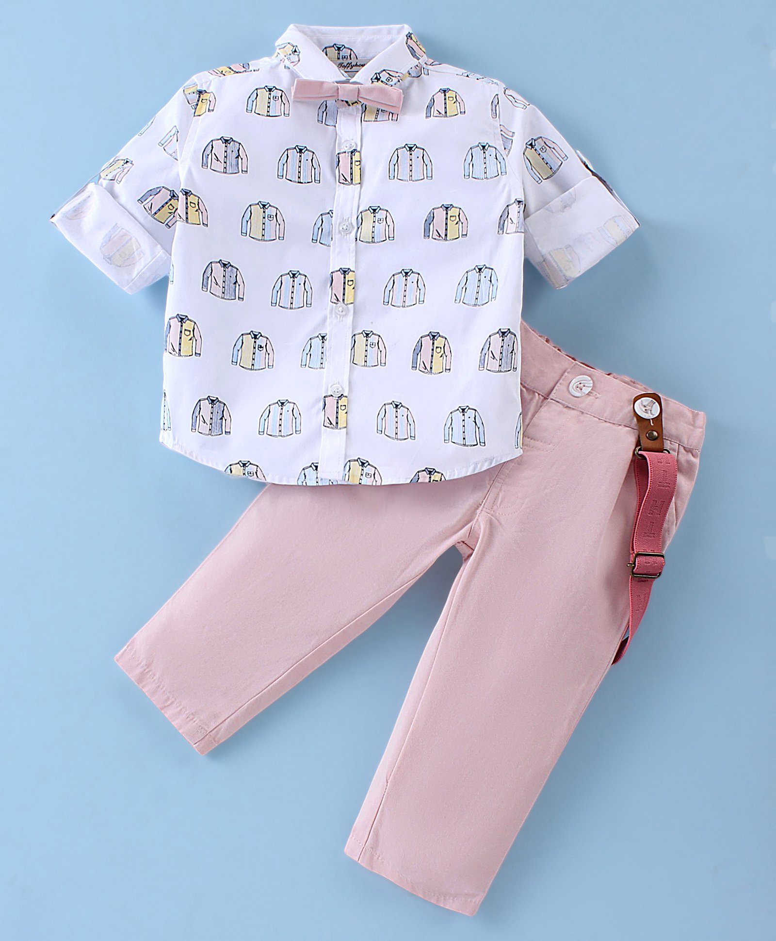 ToffyHouse 100% Cotton Full Sleeves Printed Shirt & Trouser Set with Bow & Suspender  - Light Peach-image-2