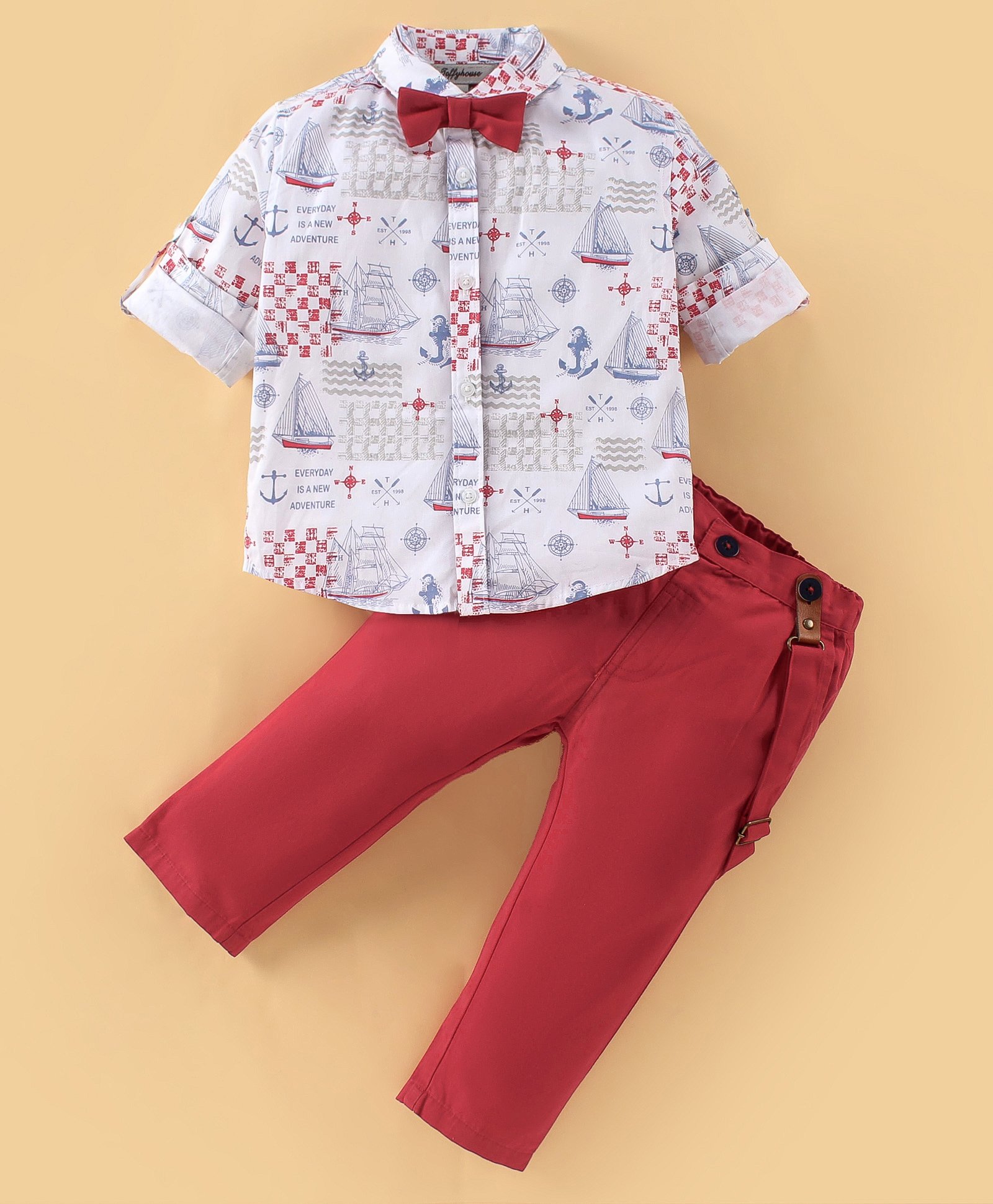 ToffyHouse Cotton Full Sleeves Ships Printed Shirt & Trousers Set with Bow - Brick Red-image-31