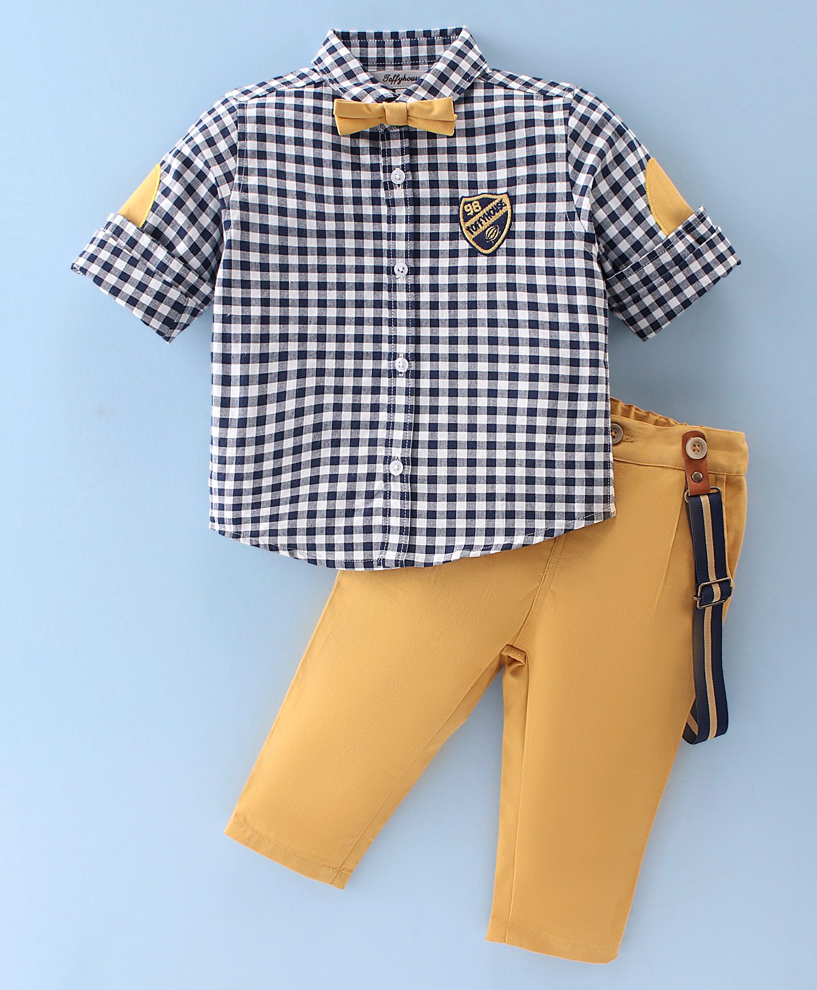 ToffyHouse Cotton Full Sleeves Checks Shirt & Trousers Set with Bow - Gold-image-38