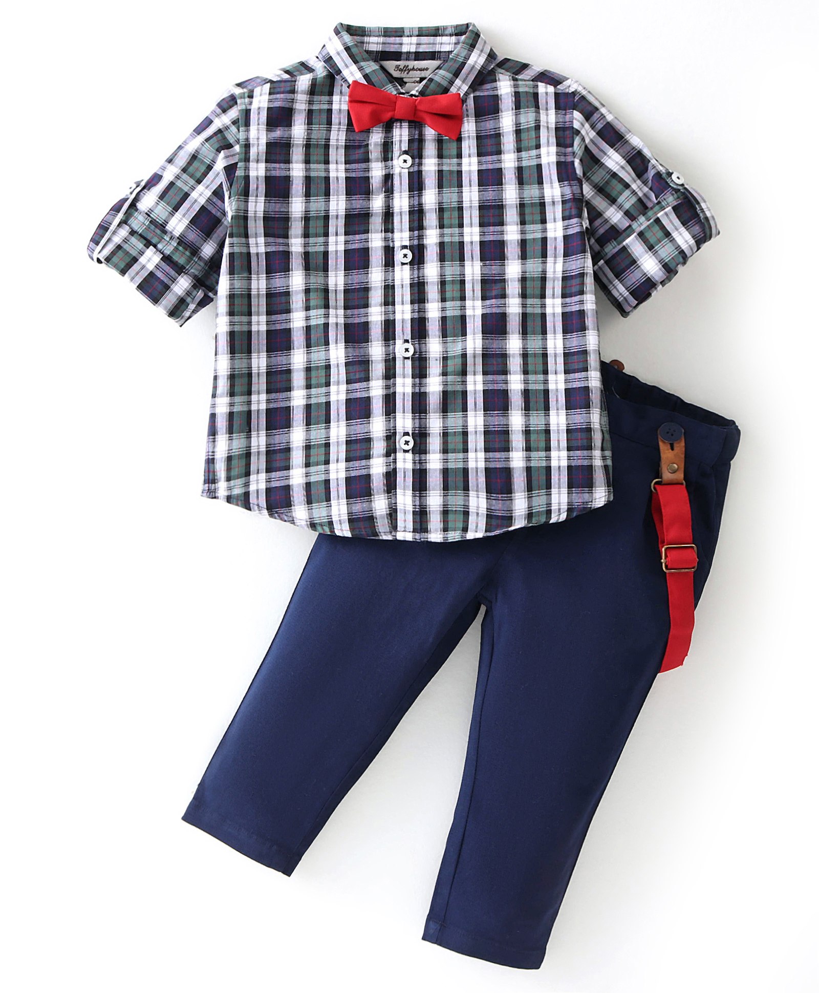 ToffyHouse 100% Cotton Full Sleeves Checks Shirt with Suspenders Trousers & Bow - Navy Blue-picture-28