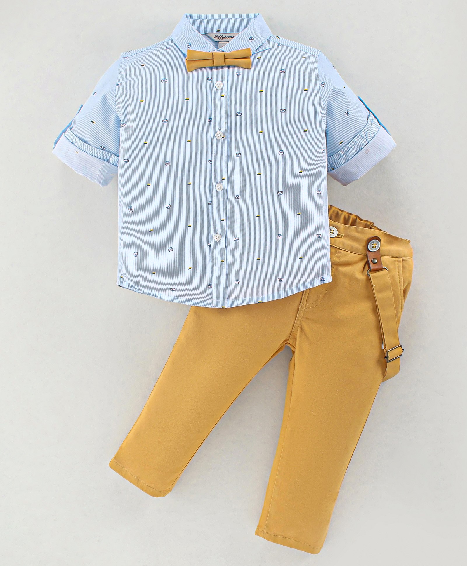 ToffyHouse Full Sleeves Shirt With Trouser & Suspenders With Car Print - Brown & Blue-picture-25