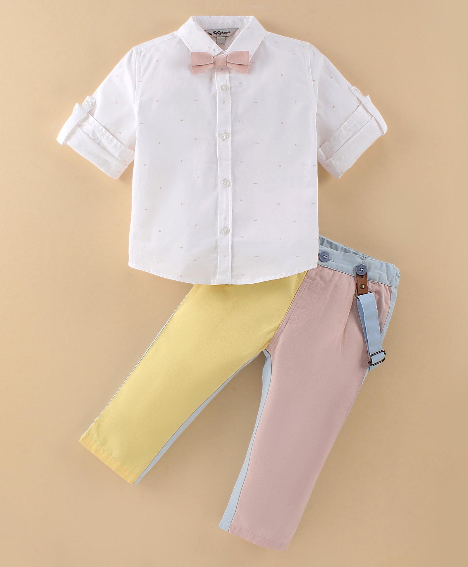 ToffyHouse 100% Cotton Full Sleeves Shirt & Trouser Set with Suspender & Bow - Pink Yellow & White-picture-4
