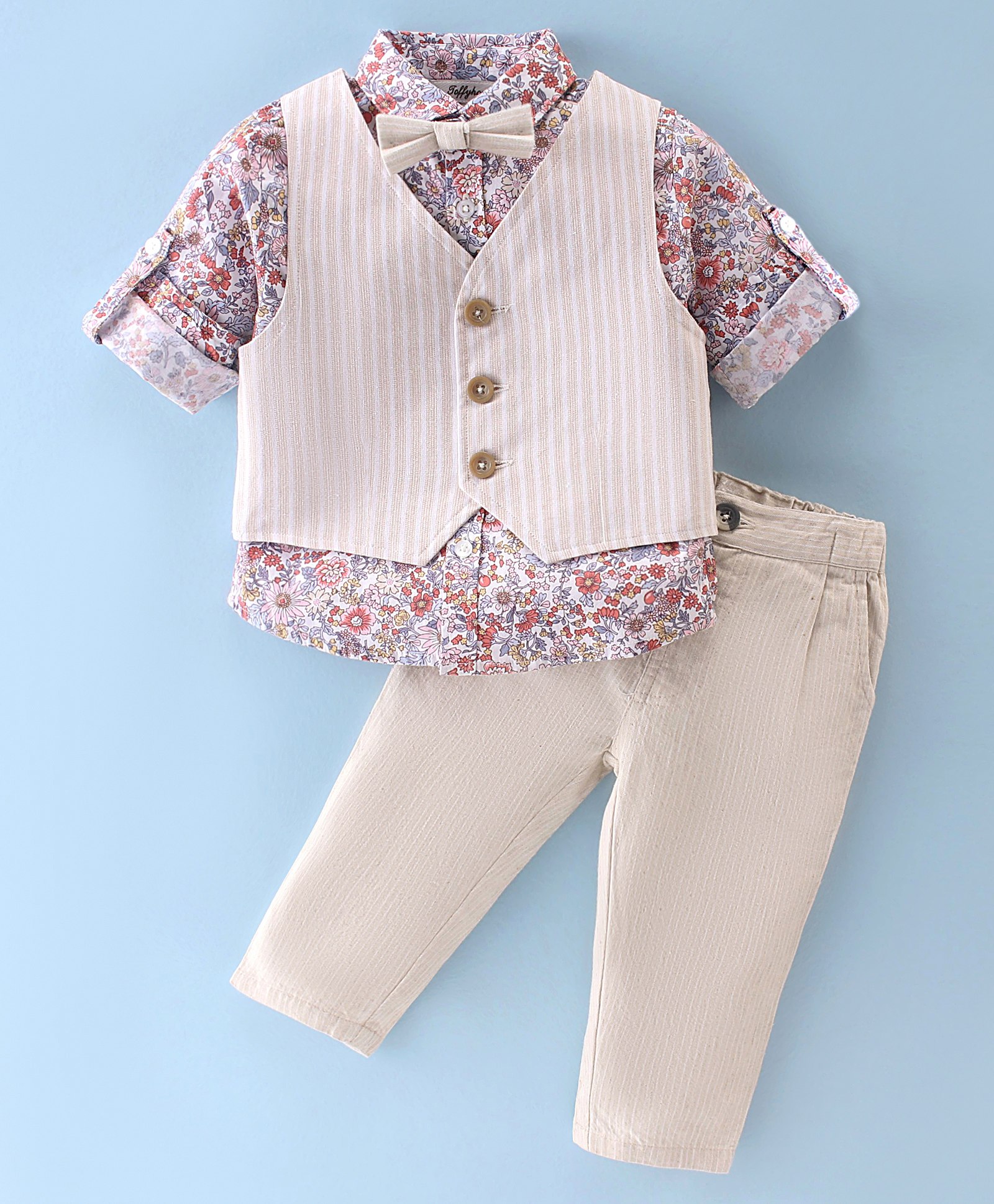 ToffyHouse 100% Cotton Full Sleeves Striped Party Suits with Waistcoat & Bow Floral Print -Beige-picture-6