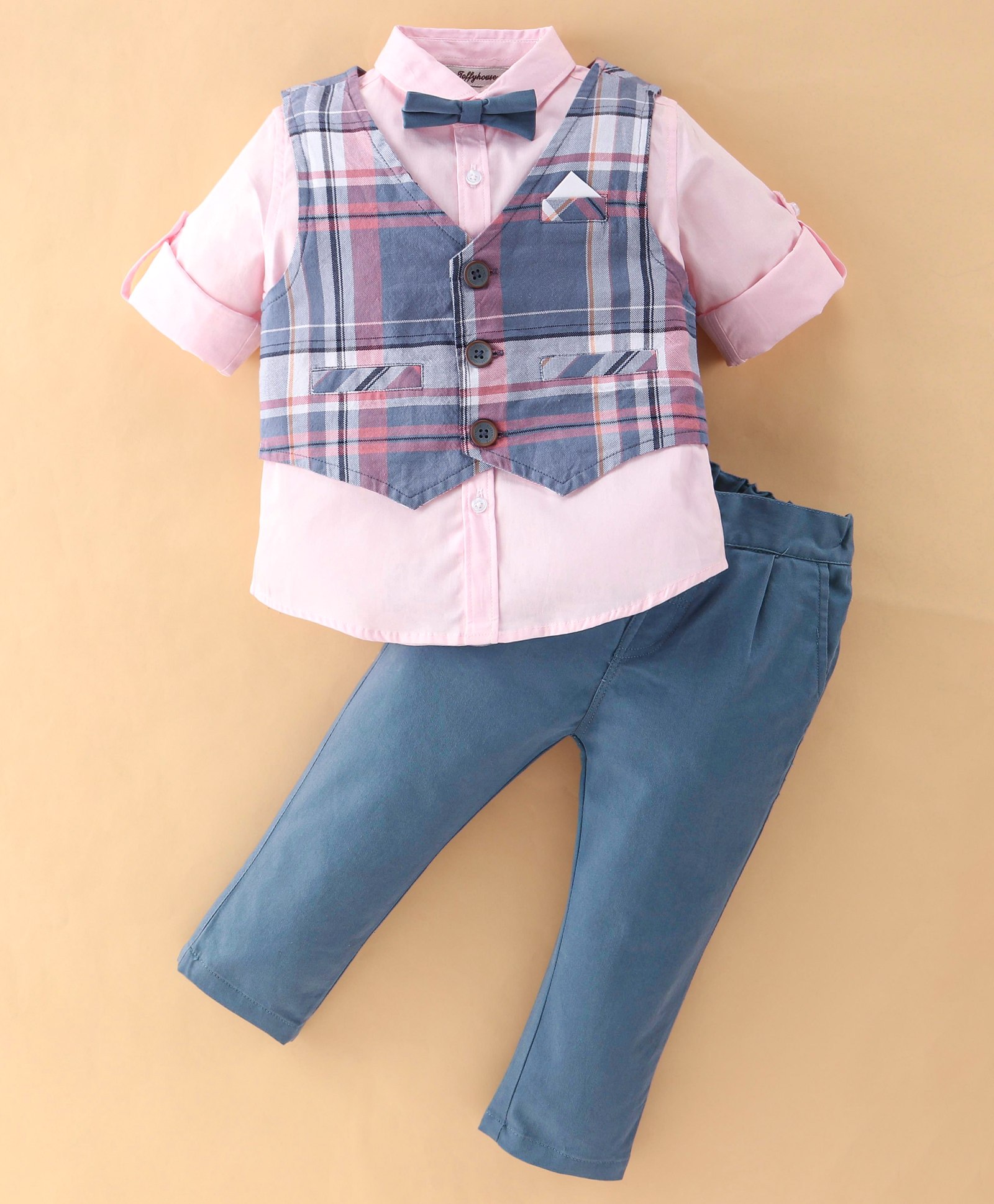 ToffyHouse Full Sleeves Shirt & Trouser With Waist Coat & Bow Checkered - Pink & Navy Blue-image-29