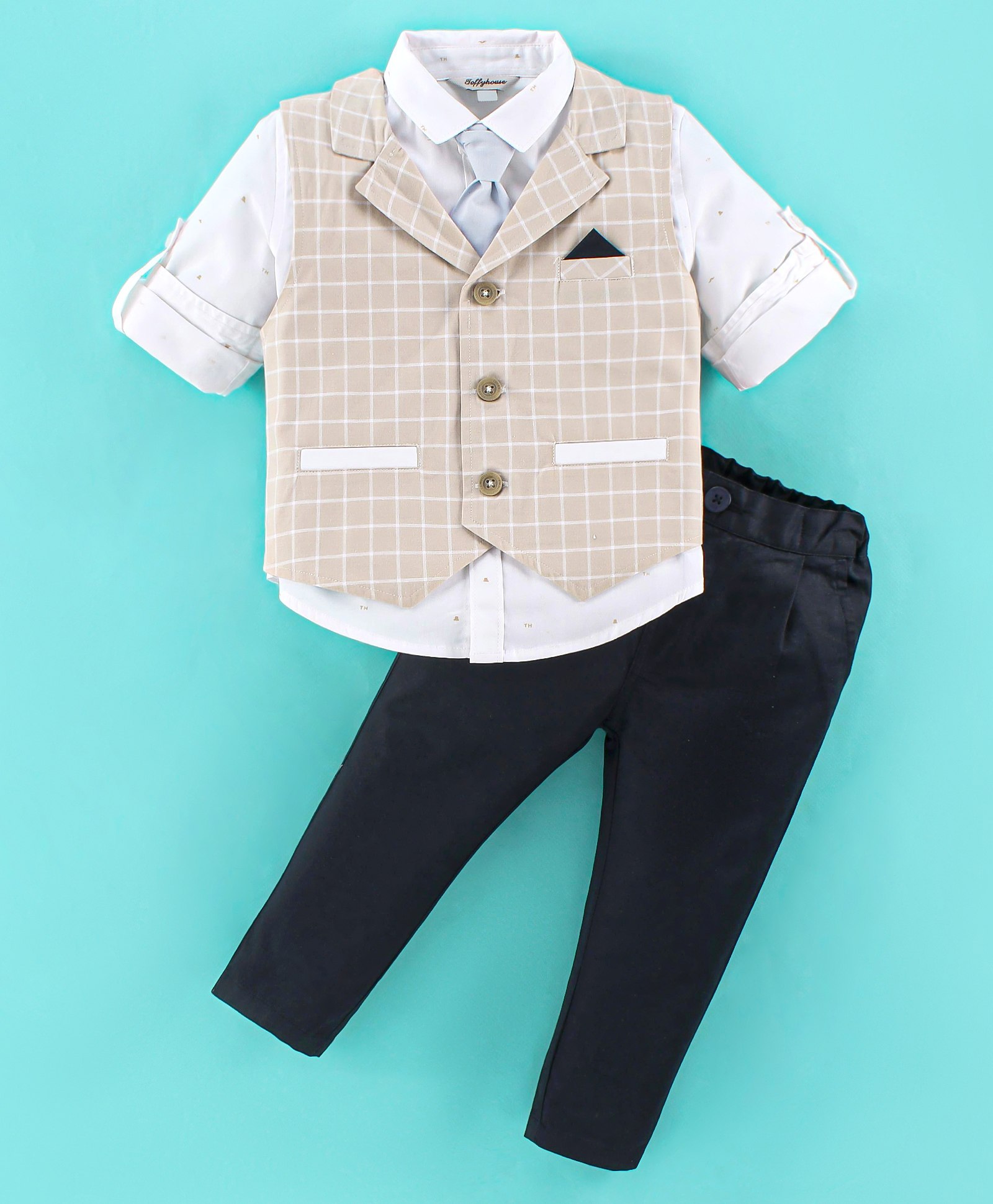 ToffyHouse Full Sleeves Party Suit With Suspender & Tie Checkered - Beige Navy Blue & White-image-27