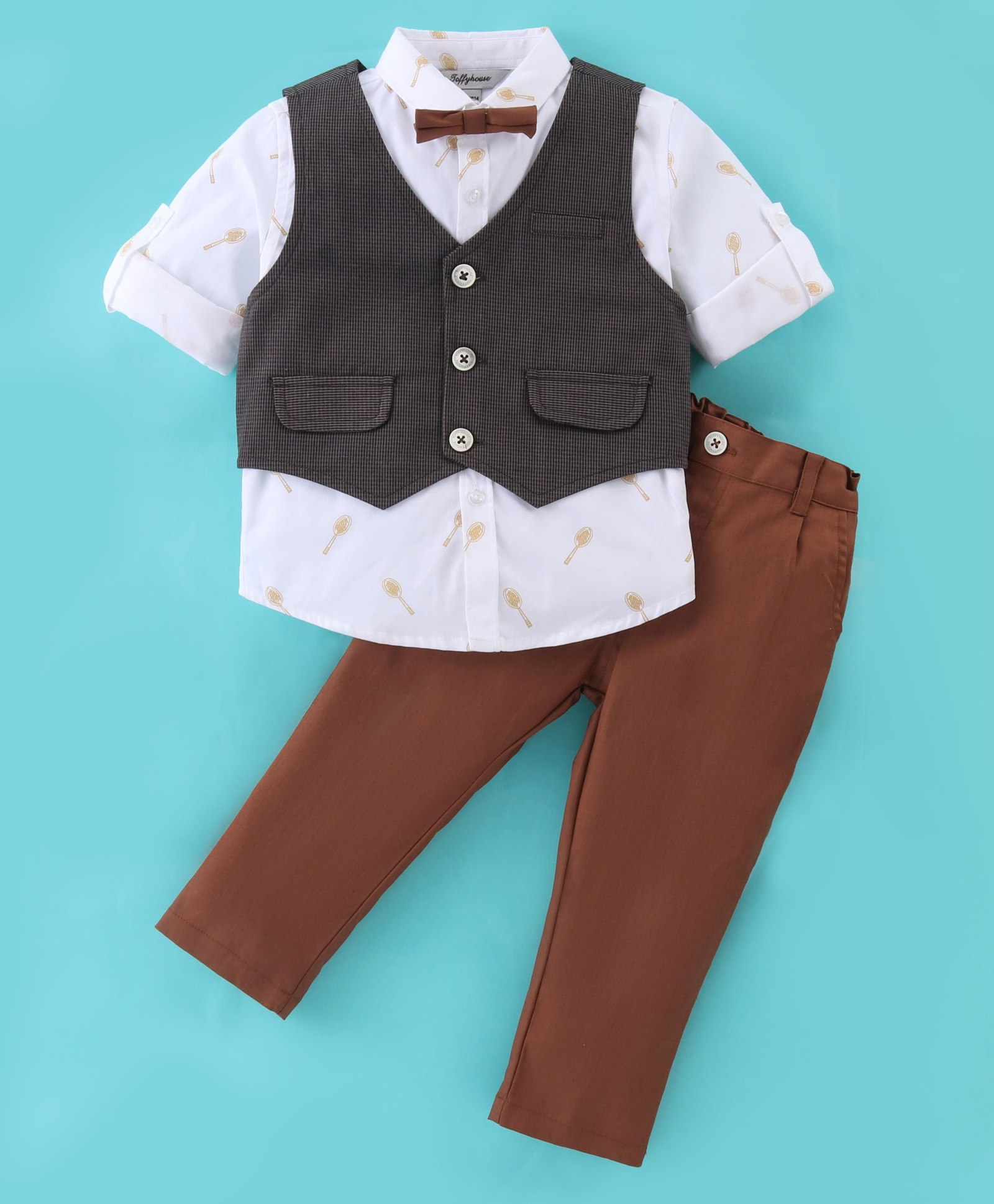 ToffyHouse Cotton Velvet Full Sleeves Party Suit with Bow Tie Racket Print - Brown White & Black-image-35