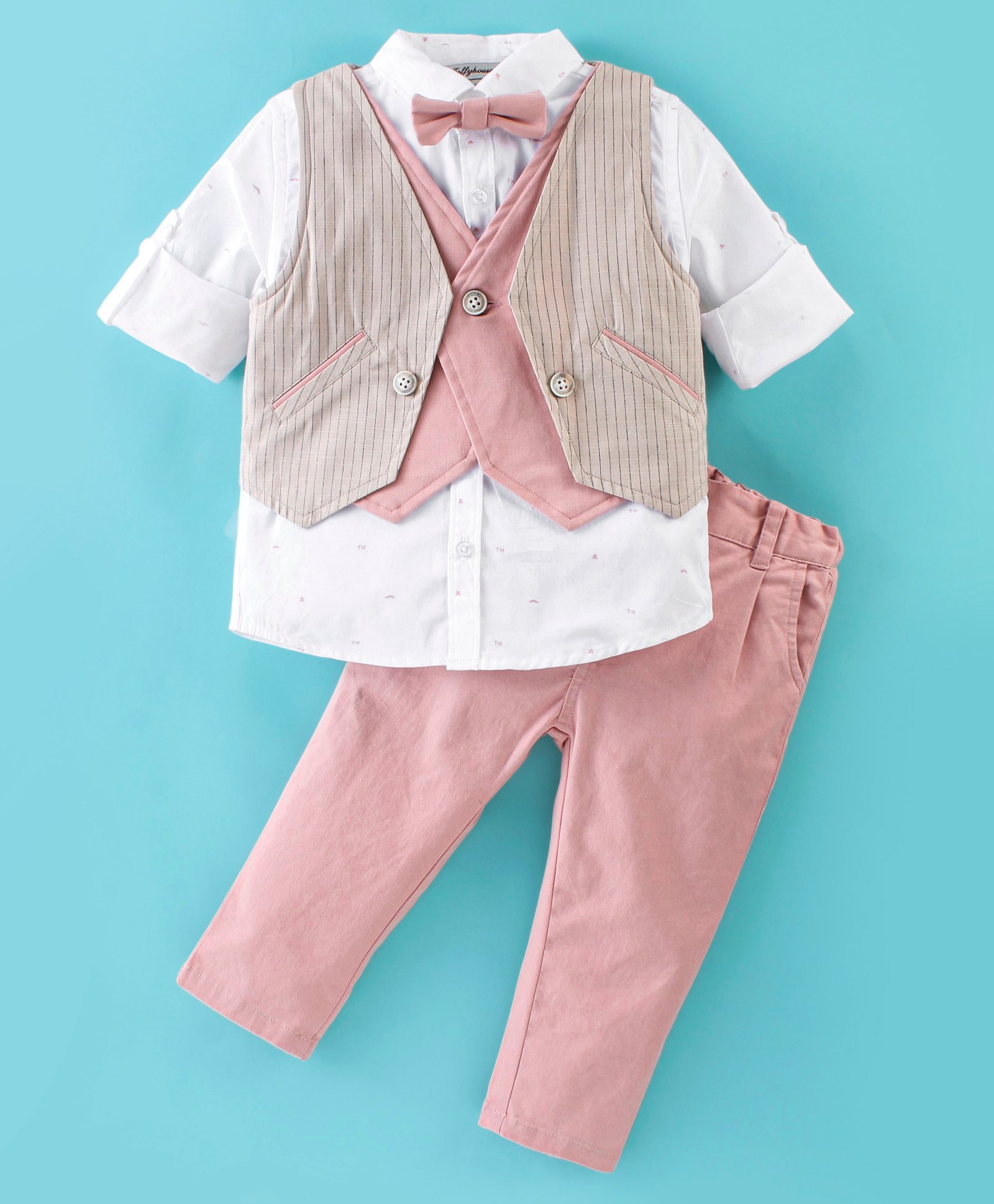 ToffyHouse 100% Cotton Full Sleeves Solid Party Suit With Waist Coat & Bow- Pink & White-image-35