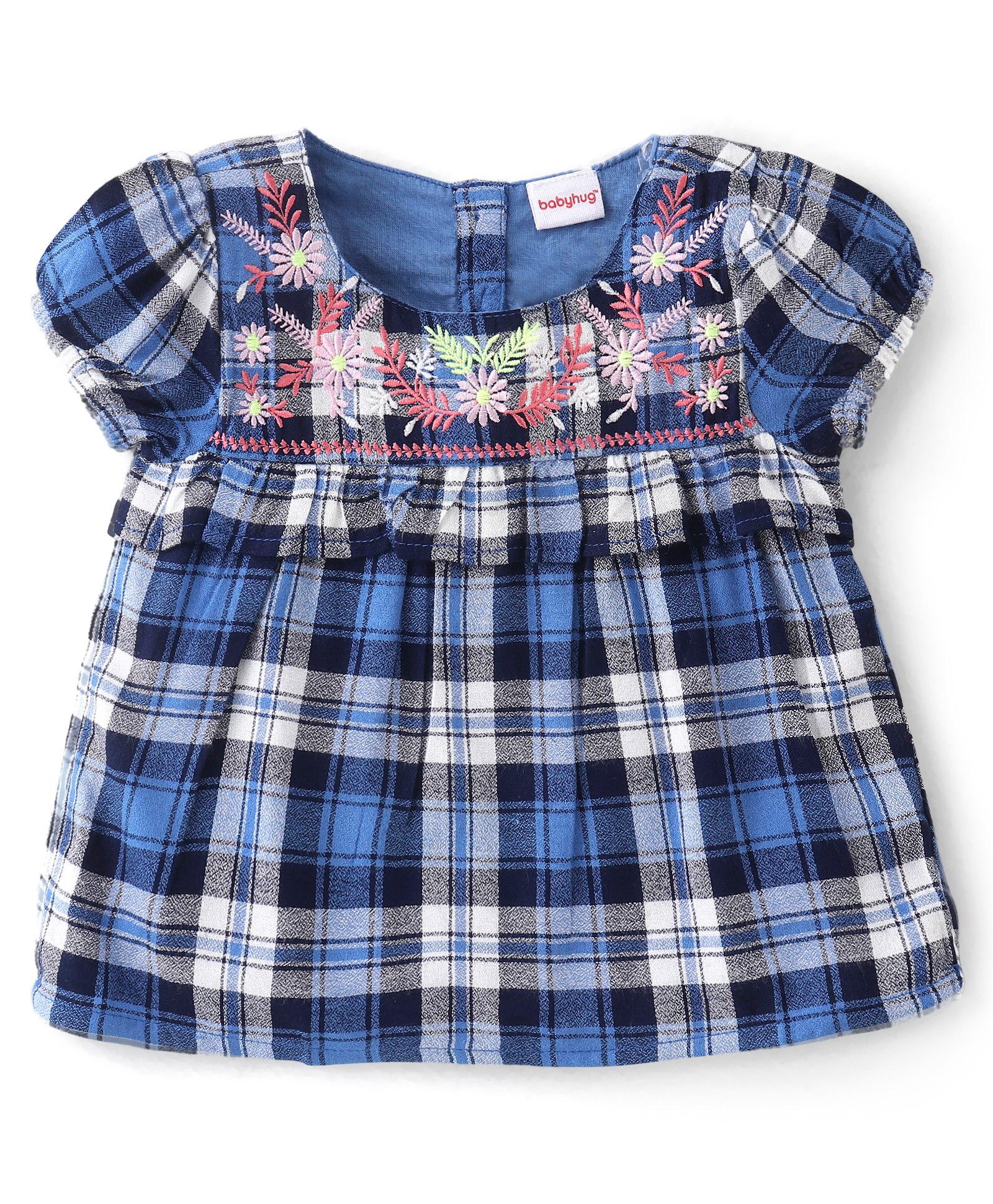 Babyhug Rayon Half Sleeves Top Checkered with Floral Embroidery - Blue-image-18