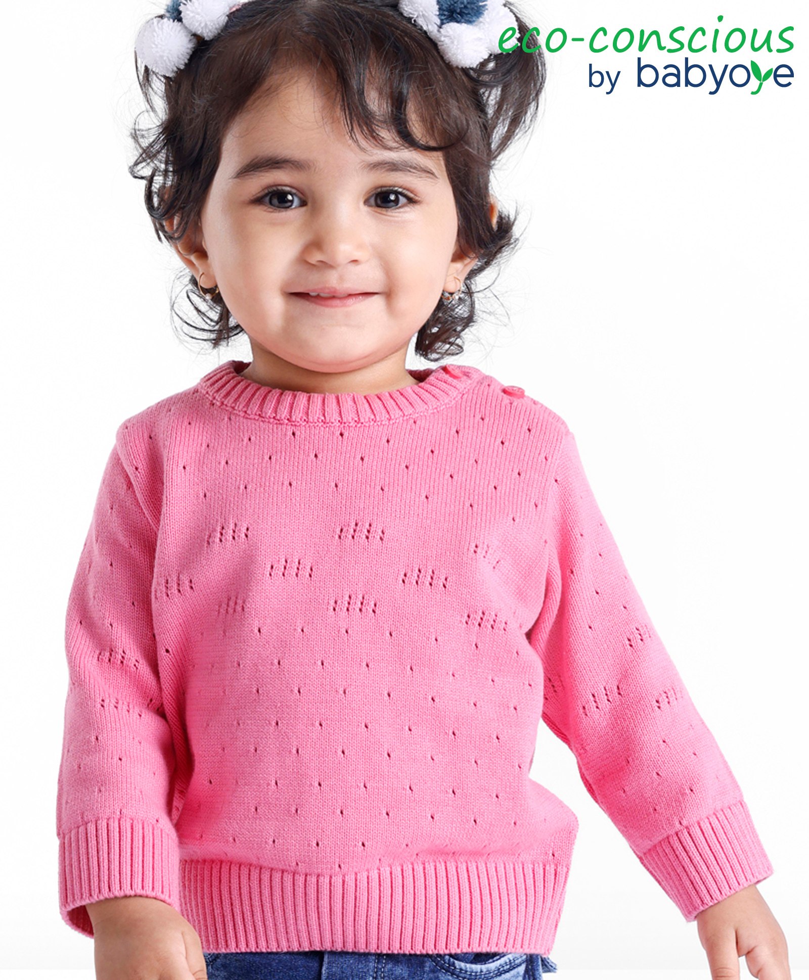 Babyoye Eco Conscious 100% Cotton Solid Full Sleeves Sweater - Pink-image-34