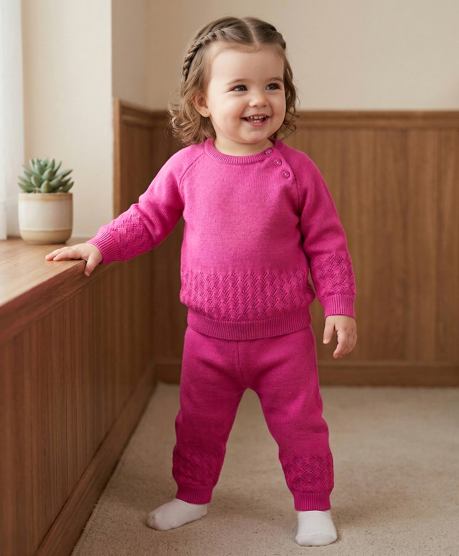 Babyoye Eco Conscious 100% Cotton Knit Full Sleeves Sweater Set with Self Design -  Pink-picture-26