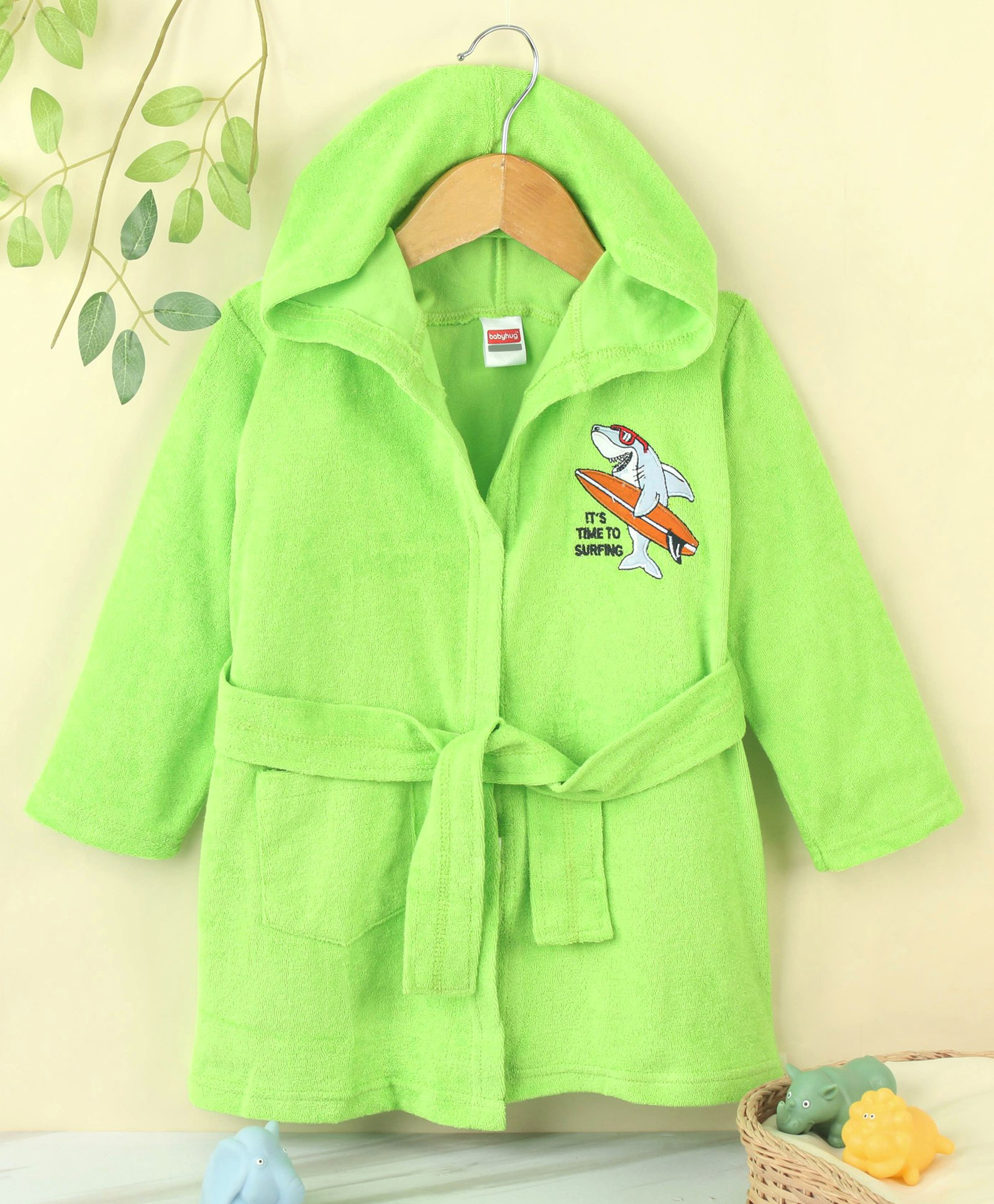 Babyhug Cotton Knit Full Sleeves Hooded Bath Robe Shark Design - Green-picture-22