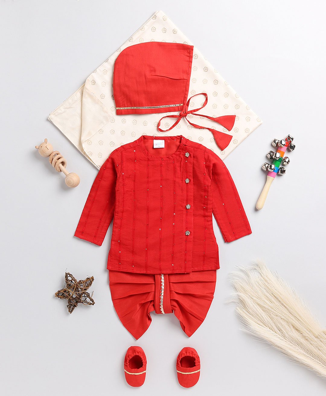 Vastramay Full Sleeves Gota Laced Embellished  Dhoti & Kurta With Cap & Shoe Set -  Red-image-40
