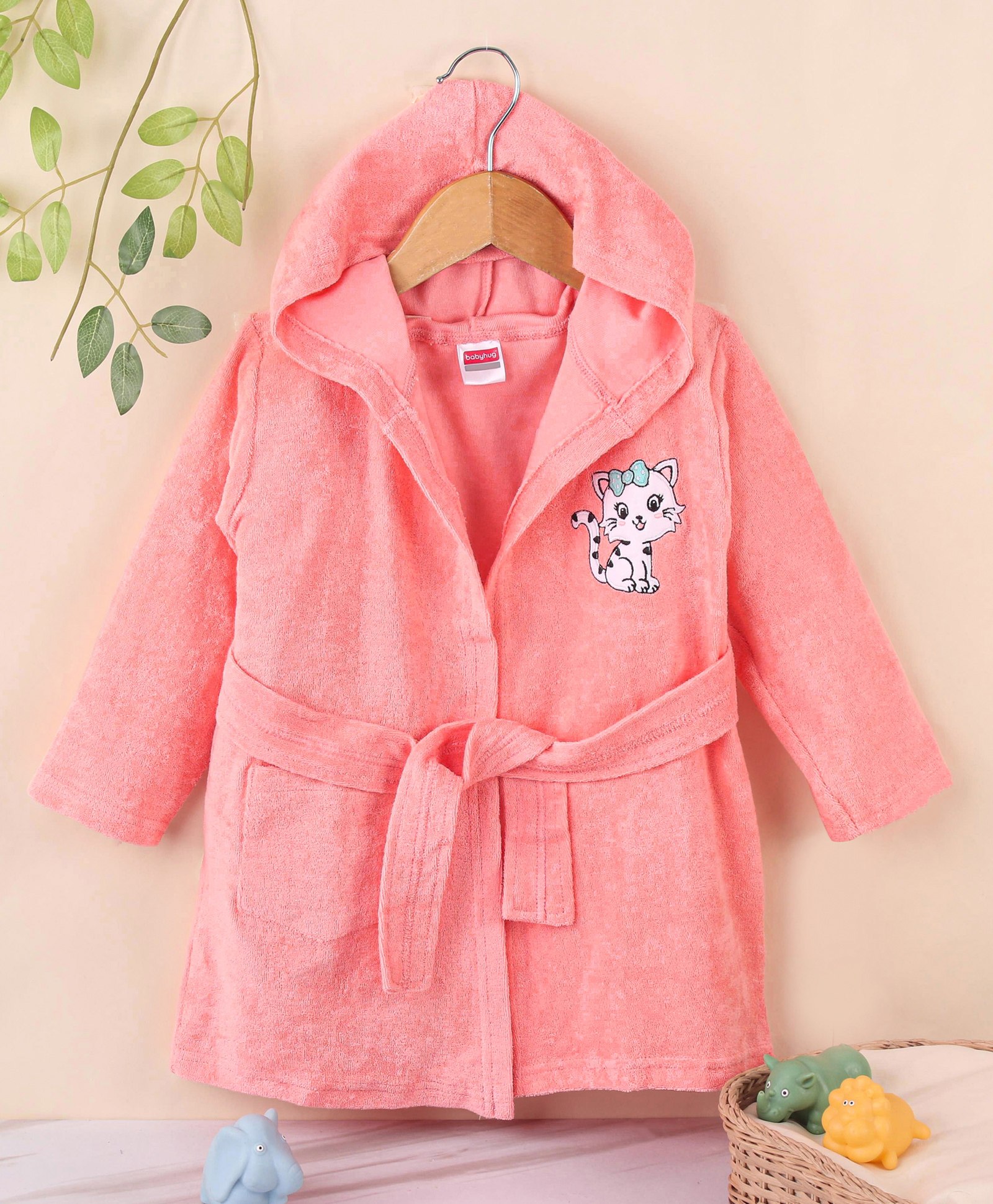 Babyhug Cotton Knit Full Sleeves Hooded Bath Robe Kitten Design - Pink-image-12