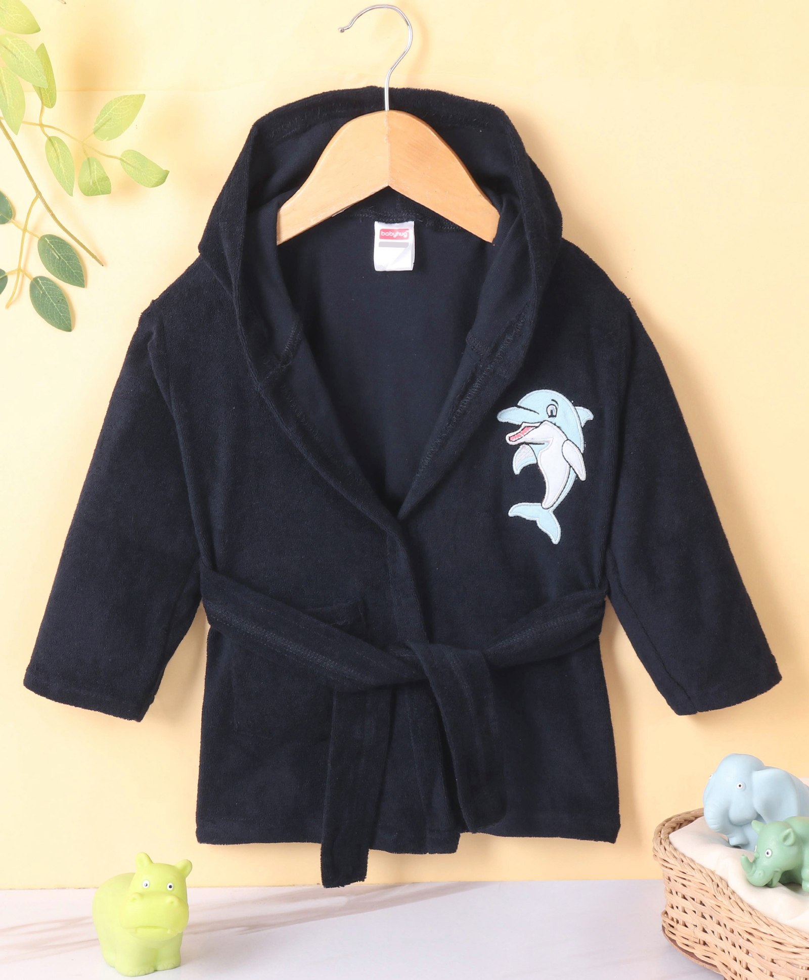 Babyhug Cotton Knit Full Sleeves Hooded Bath Robe Dolphin Patch - Navy Blue-image-23