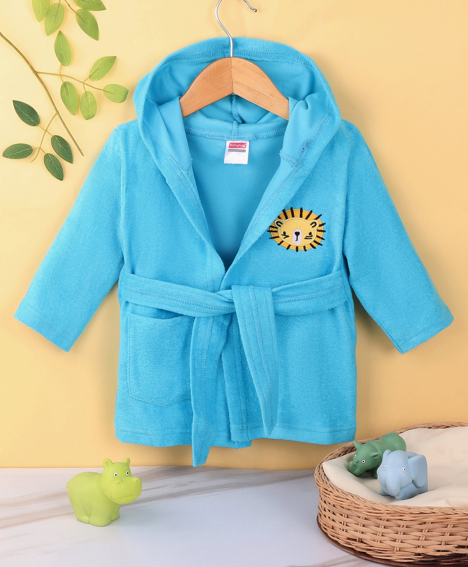 Babyhug Cotton Full Sleeves Hooded Bath Robe with Lion Embroidery - Blue-image-25