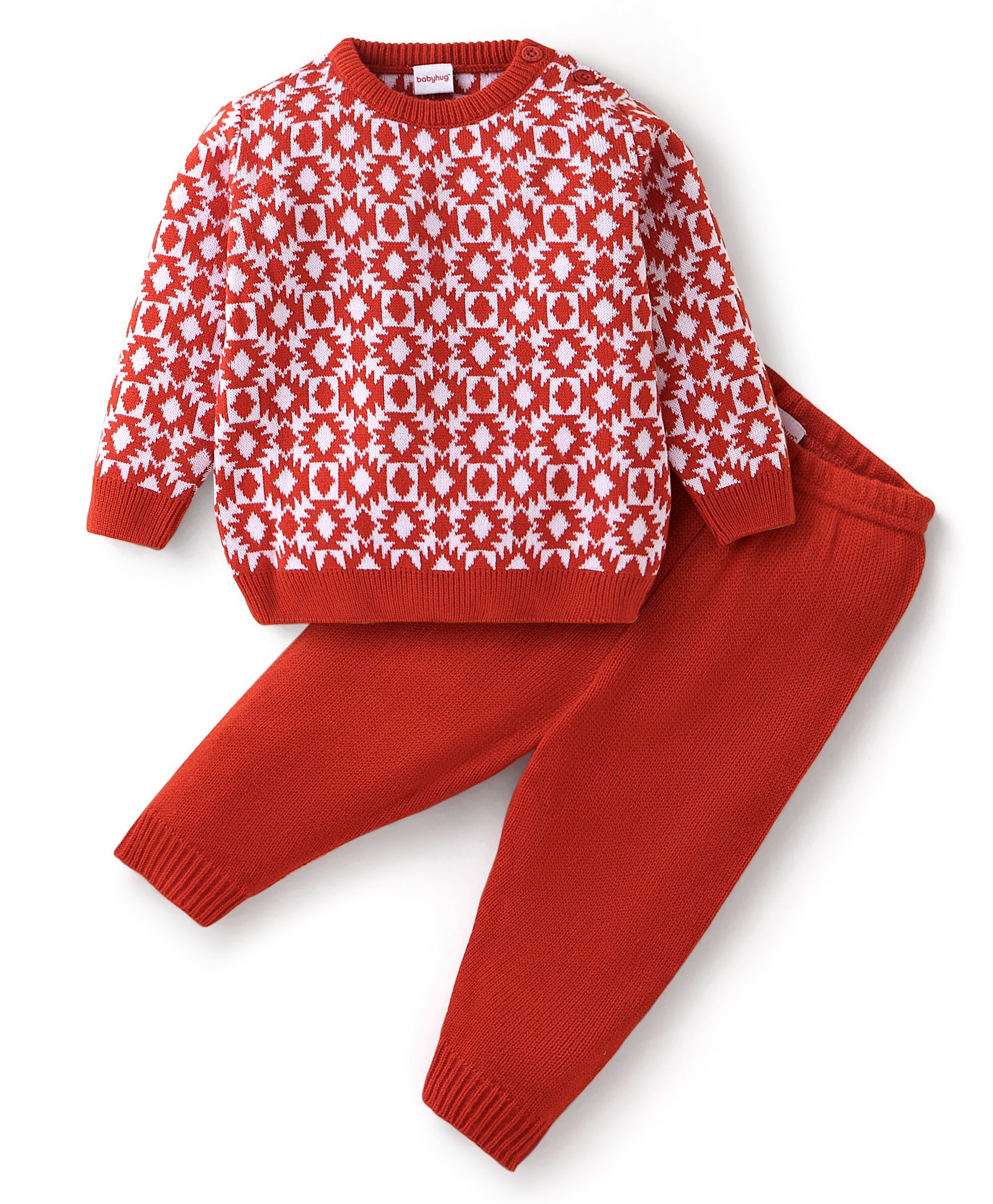 Babyhug Acrylic Knit Full Sleeves Baby Sweater Set Argyle Design - Orange-image-40