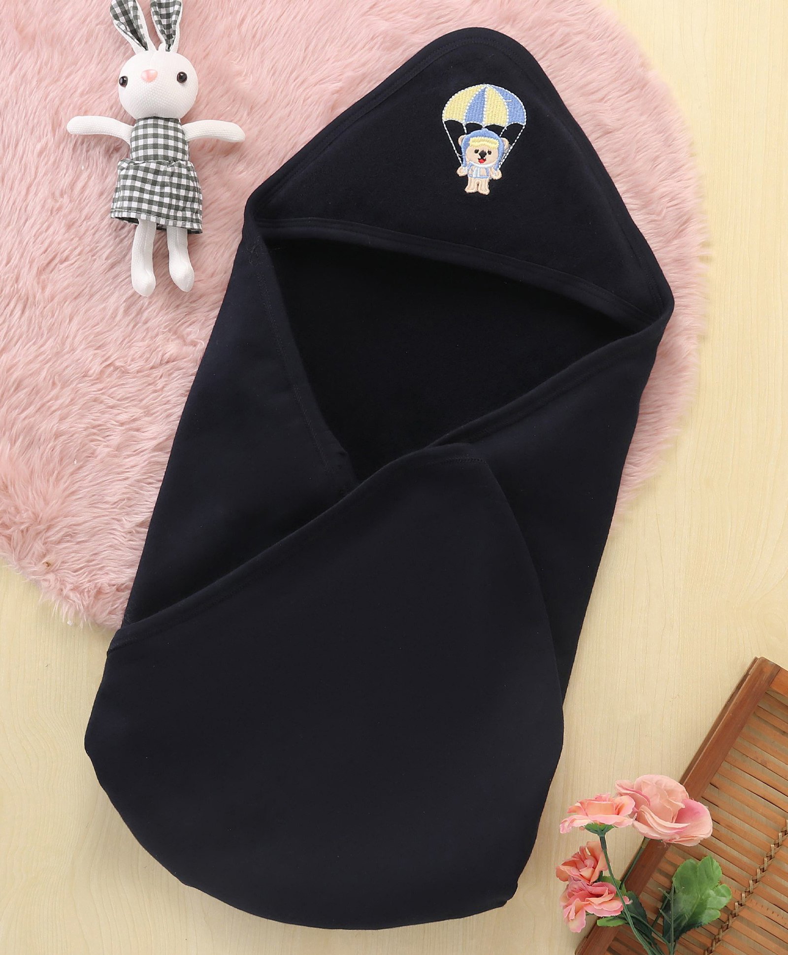 Babyhug Cotton Terry Knit Towel with Hood Bear Applique L 76.2 x B 76.2 cm - Navy Blue-picture-10