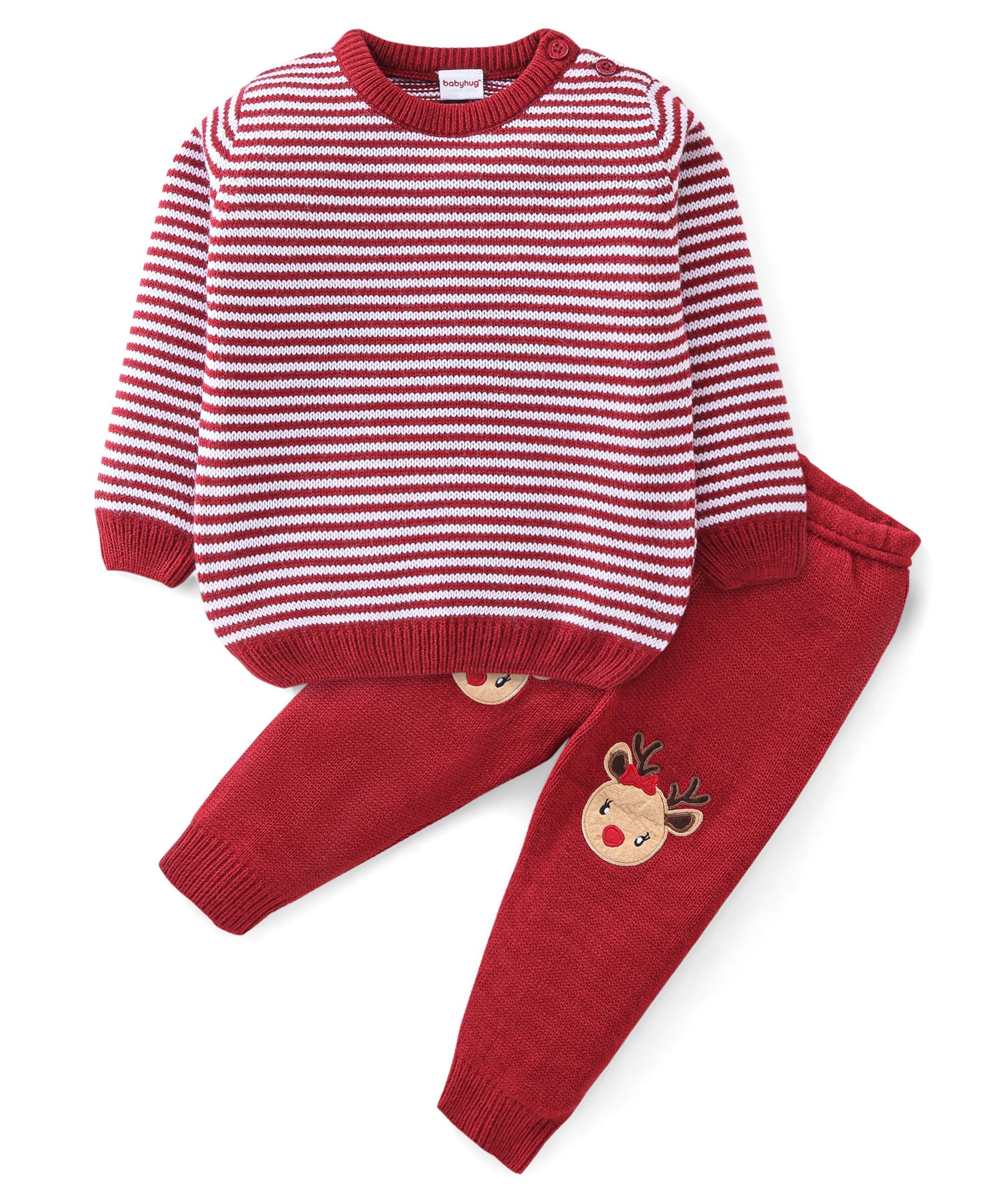 Babyhug Knitted Full Sleeves Baby Sweater Set with Stripes Design - Red-image-27