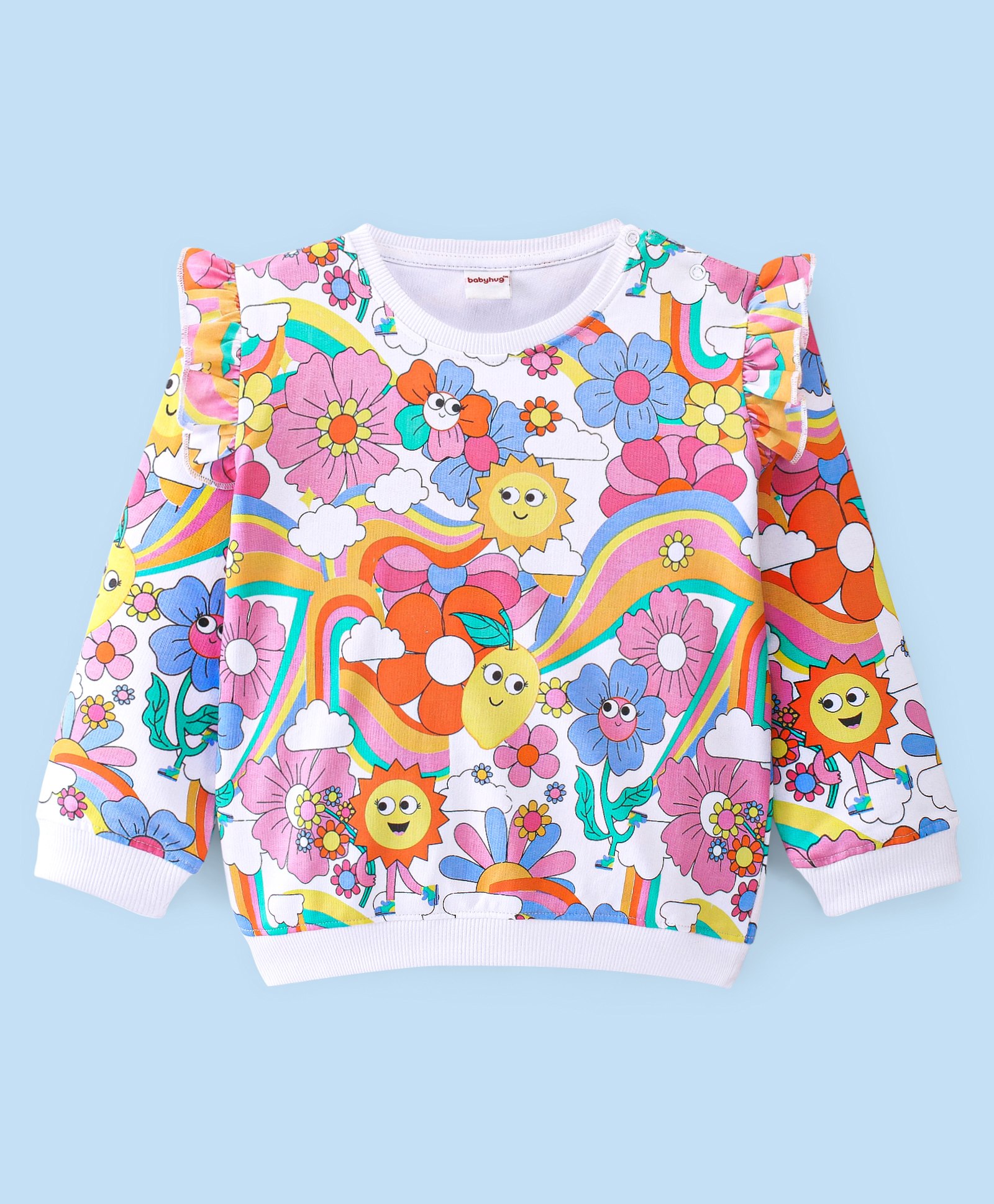 Babyhug Cotton Knit Full Sleeves Floral Graphics & Frill Detailing Sweatshirt - White-image-38
