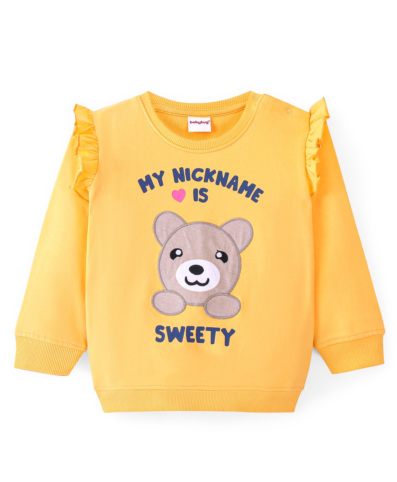 Babyhug Cotton Knit Full Sleeves Bear & Text Graphics & Frill Detailing Sweatshirt - Yellow-picture-24