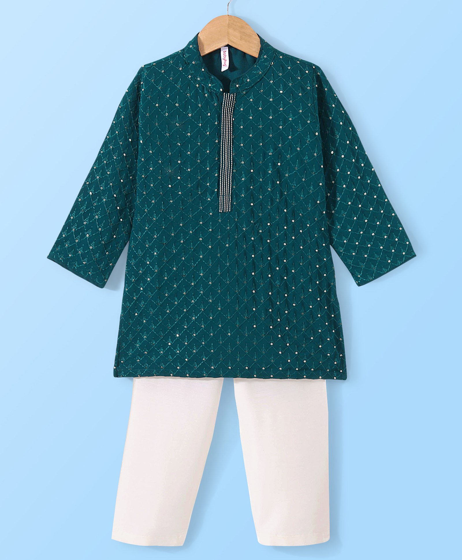 Babyhug Full Sleeves Sequenced Embroidered Kurta & Pyjama Set - Teal Green-image-12