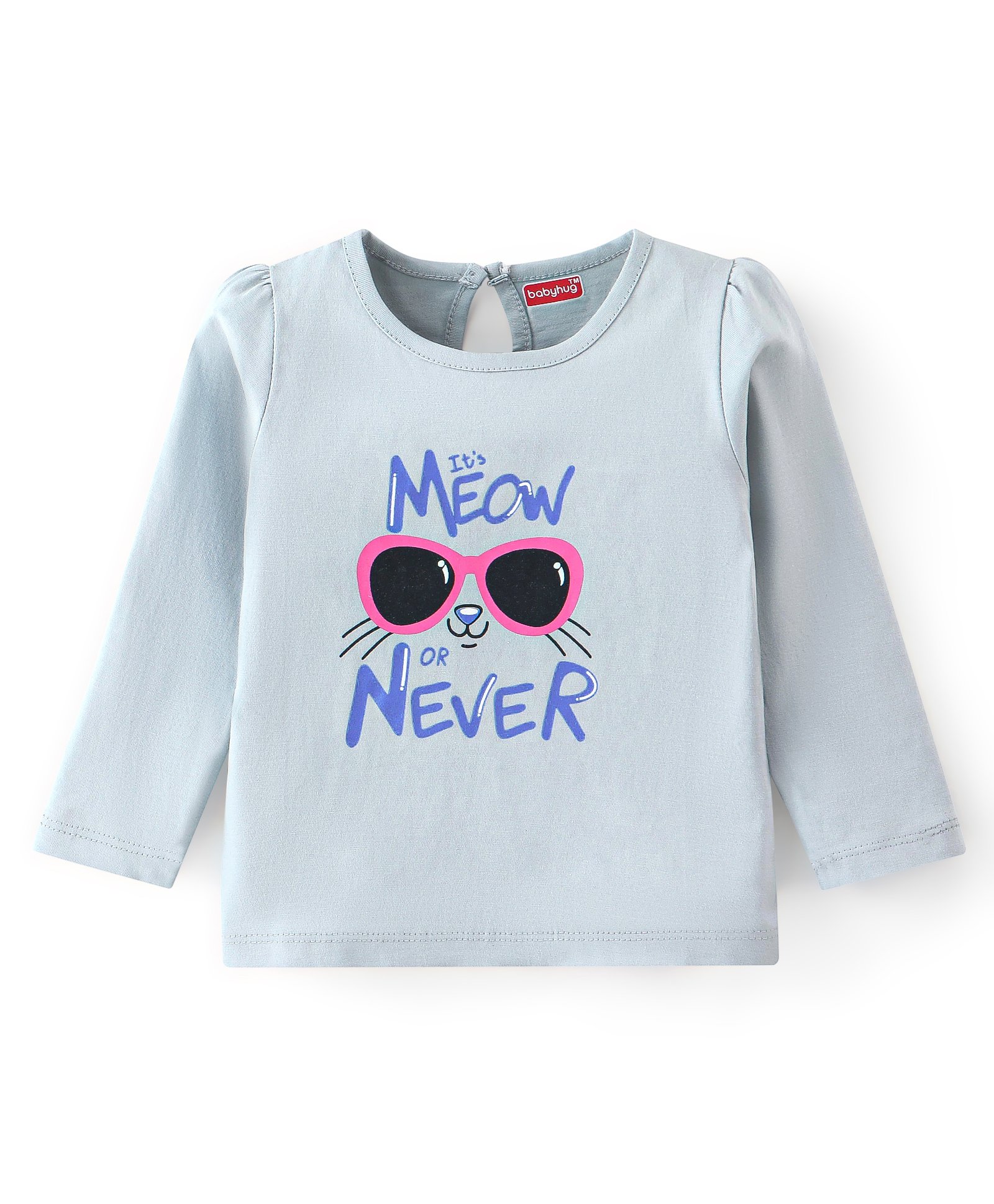 Babyhug 100% Cotton Knit Full Sleeves T-Shirt with Kitty Print - Grey-image-25
