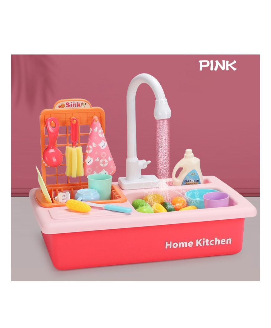 YAMAMA Kitchen Play Set With Automatic Water Cycle System Pretend Play Kitchen Play Sink Toys Set of 25 Pieces-Pink-picture-18