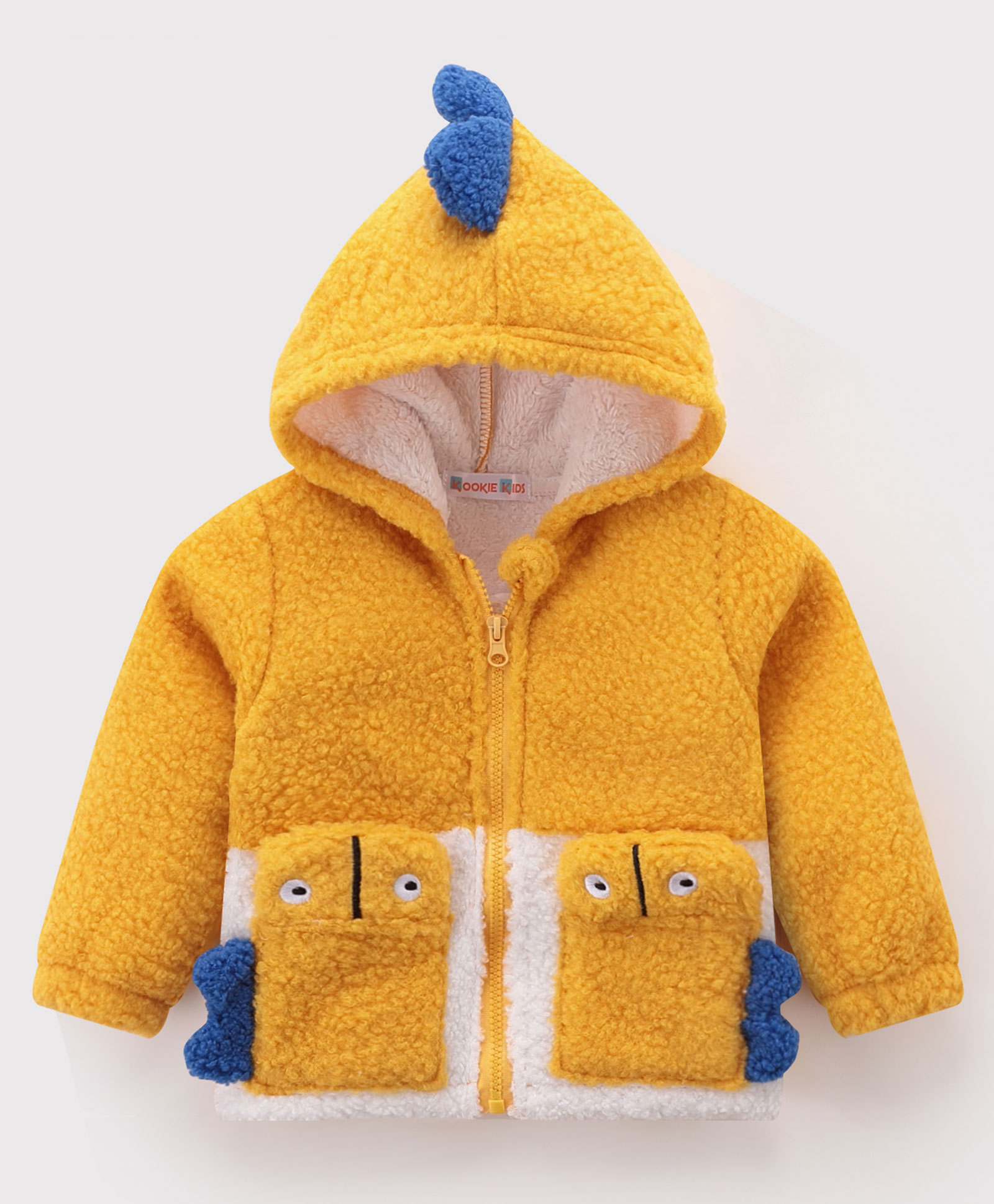 Kookie Kids Full Sleeves Hoodies With Ear Applique & Dino Design- Yellow-image-18