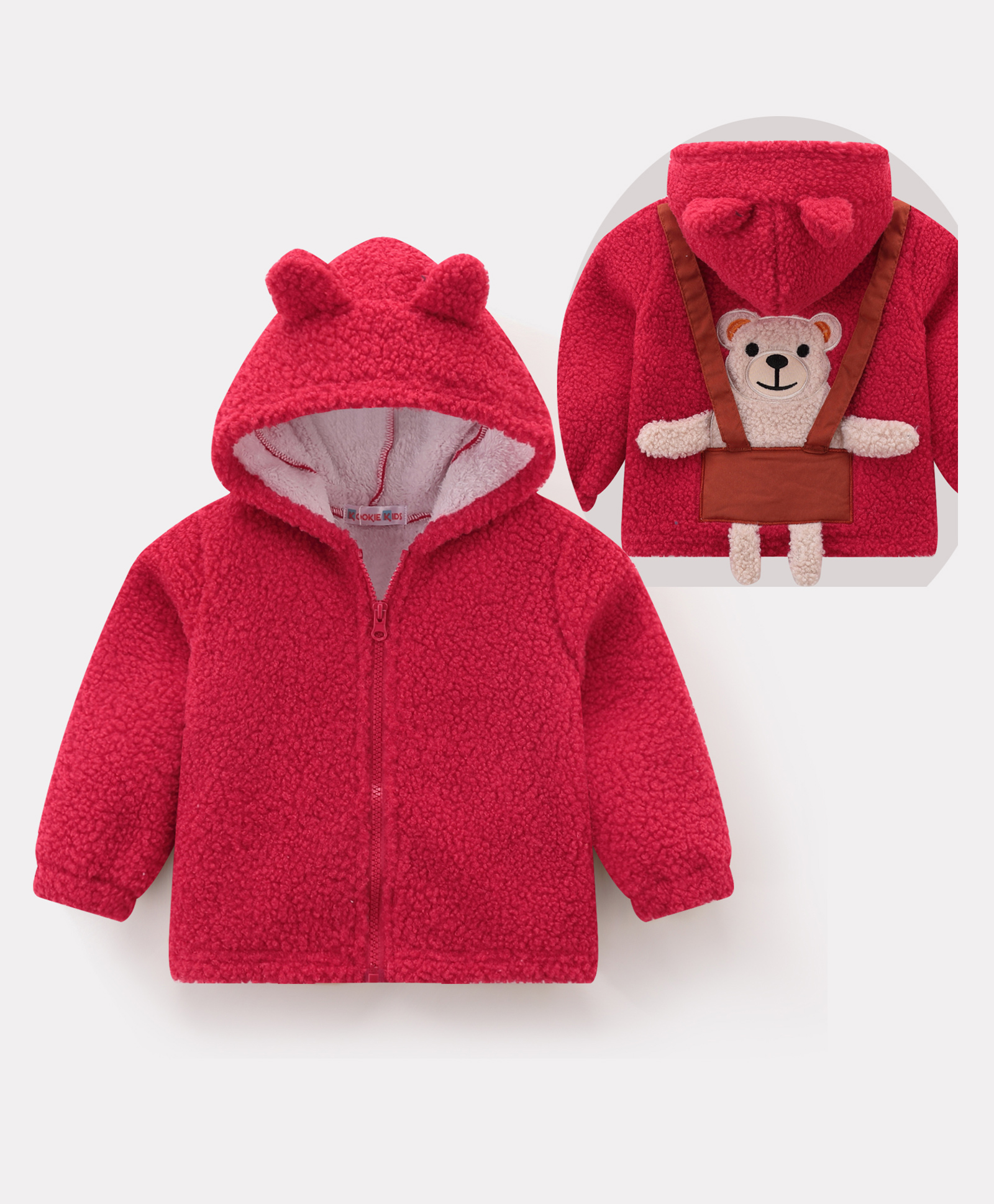 Kookie Kids Full Sleeves Hoodies With Ear Applique & Bear Design- Red-picture-22