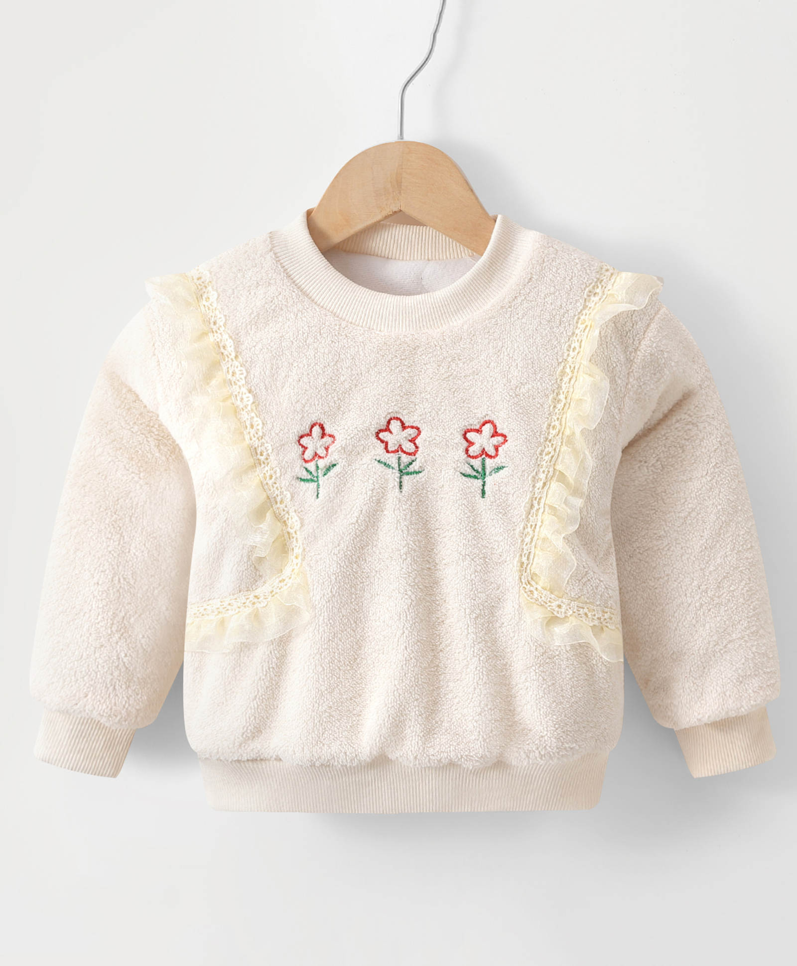 Kookie Kids Full Sleeves Sweatshirt with Floral Embroidery - Beige-image-49