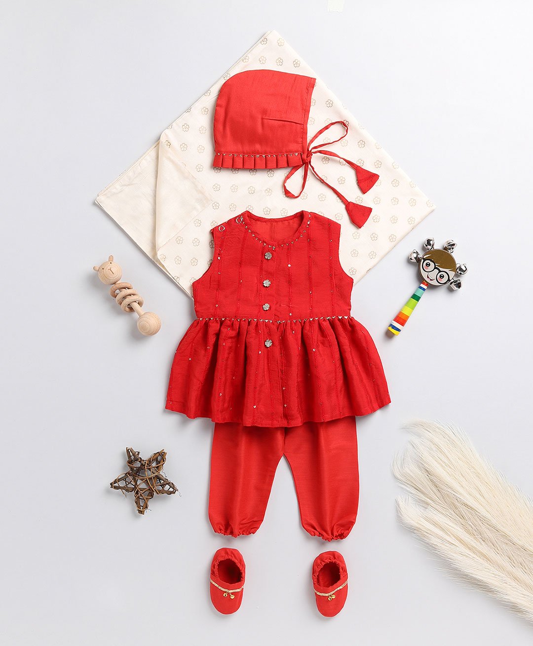 Vastramay Sleeveless Gota Patti Embellished  Kurti & Pyjama With Cap & Shoe Set -  Red-image-0