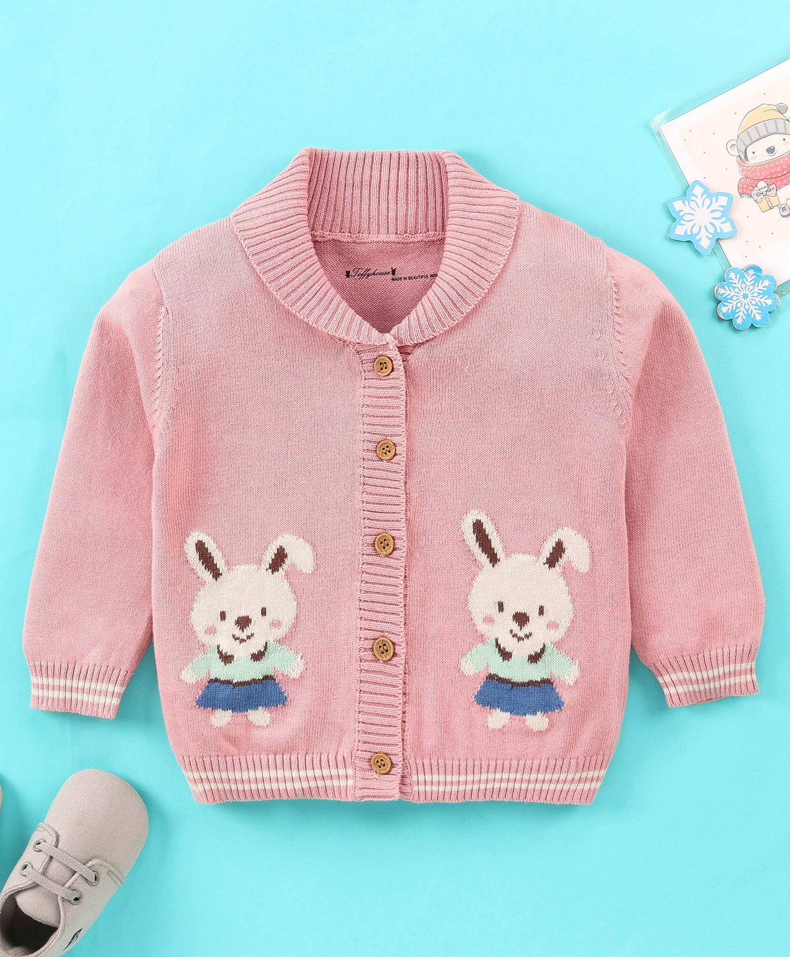 ToffyHouse 100% Cotton Full Sleeves Cardigan with Bunny Design - Light Pale Rose-image-1