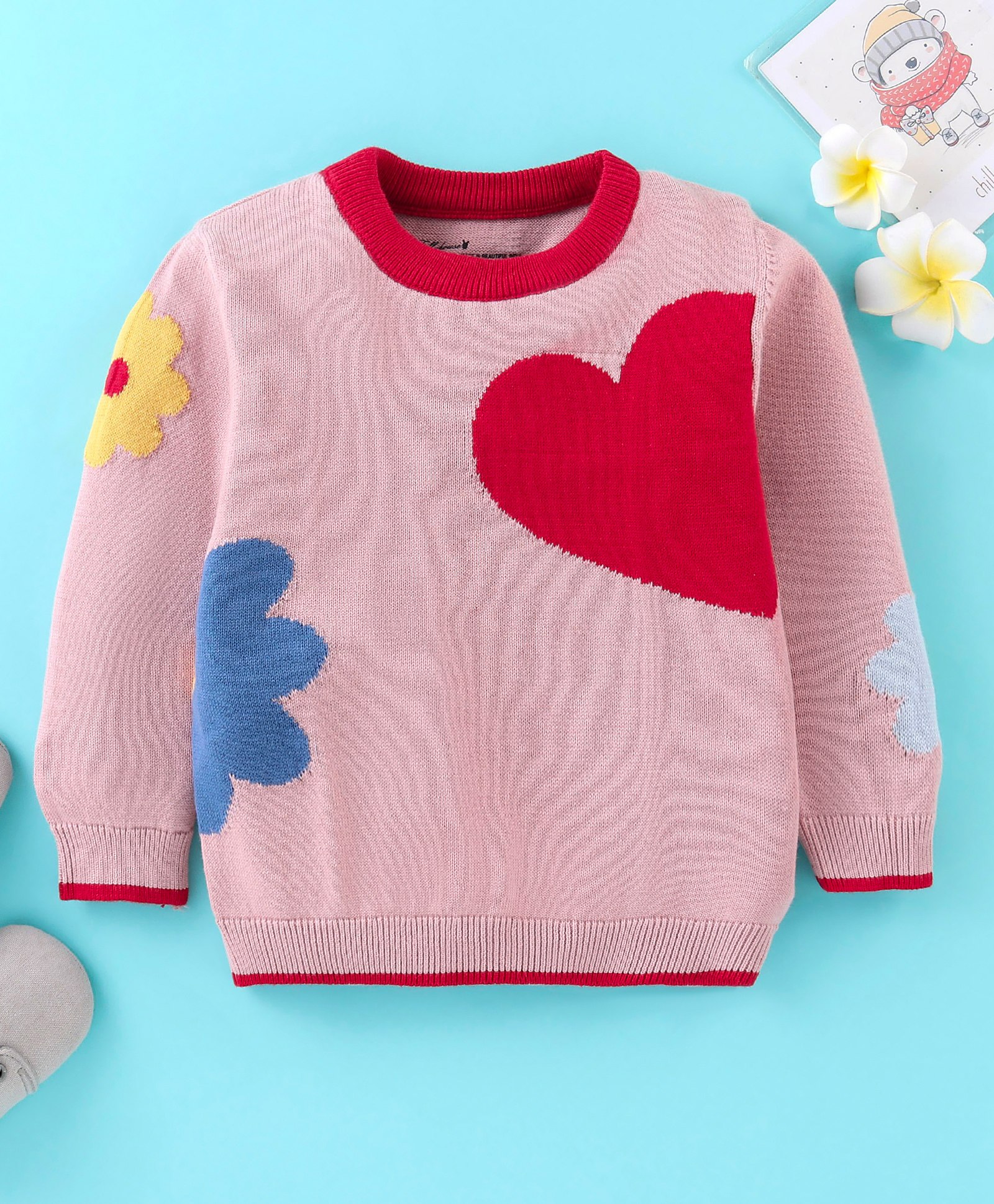 ToffyHouse 100% Flatknitted Cotton Full Sleeves Pullover Heart Design - Pale Rose Pink-image-35