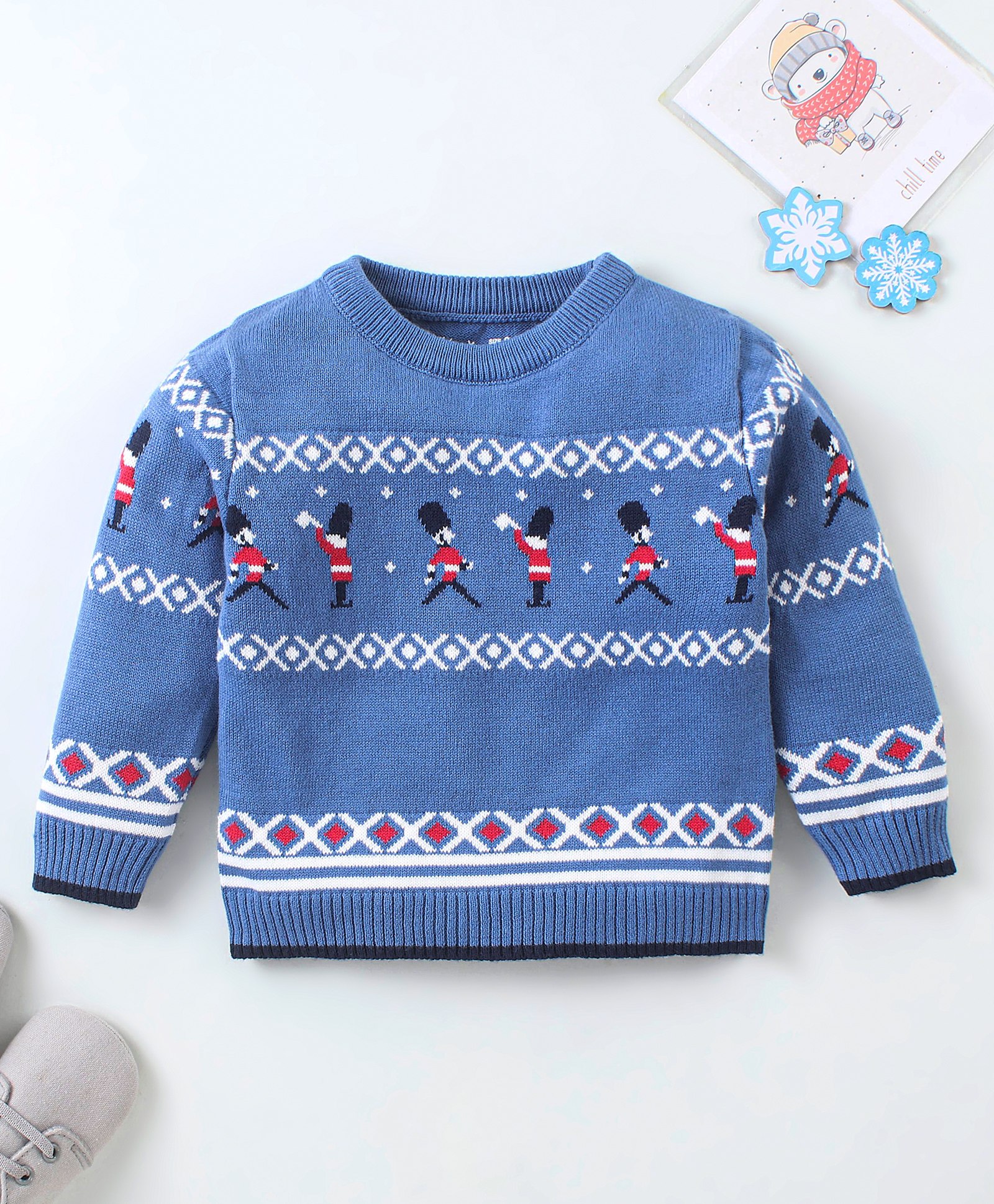 ToffyHouse Cotton Full Sleeves Flatknitted Sweater with Design - Airforce Blue-image-21