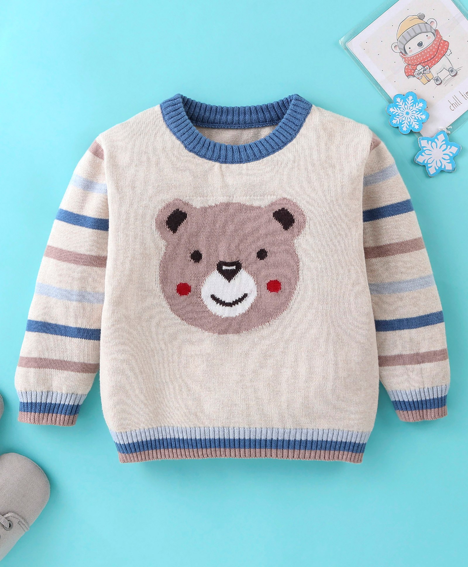 ToffyHouse 100% Flatknitted Cotton Full Sleeves Pullover Bear Design - White Melange-image-11