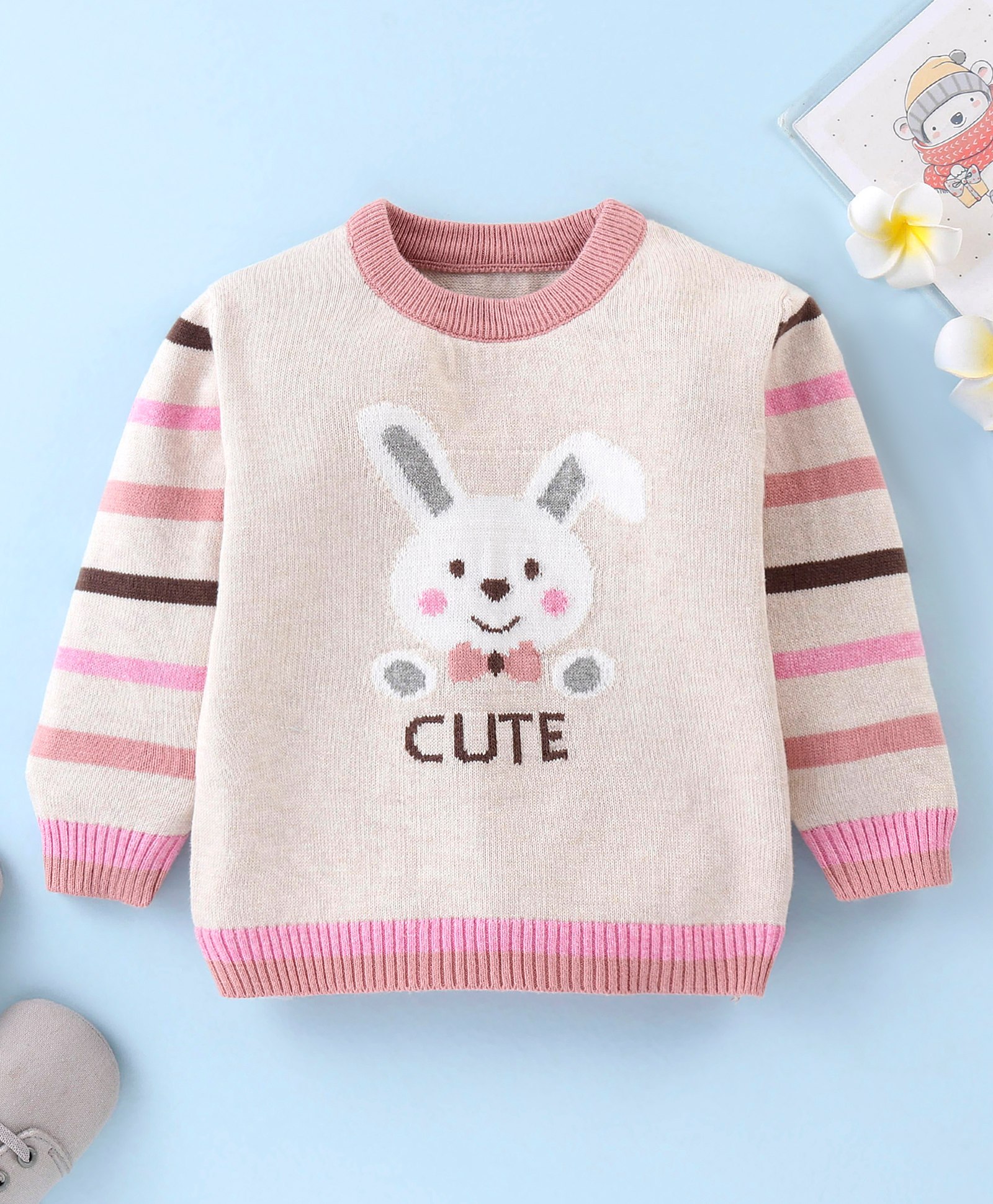 ToffyHouse 100% Flatknitted Cotton Full Sleeves Pullover Bunny Design - White Melange-image-10