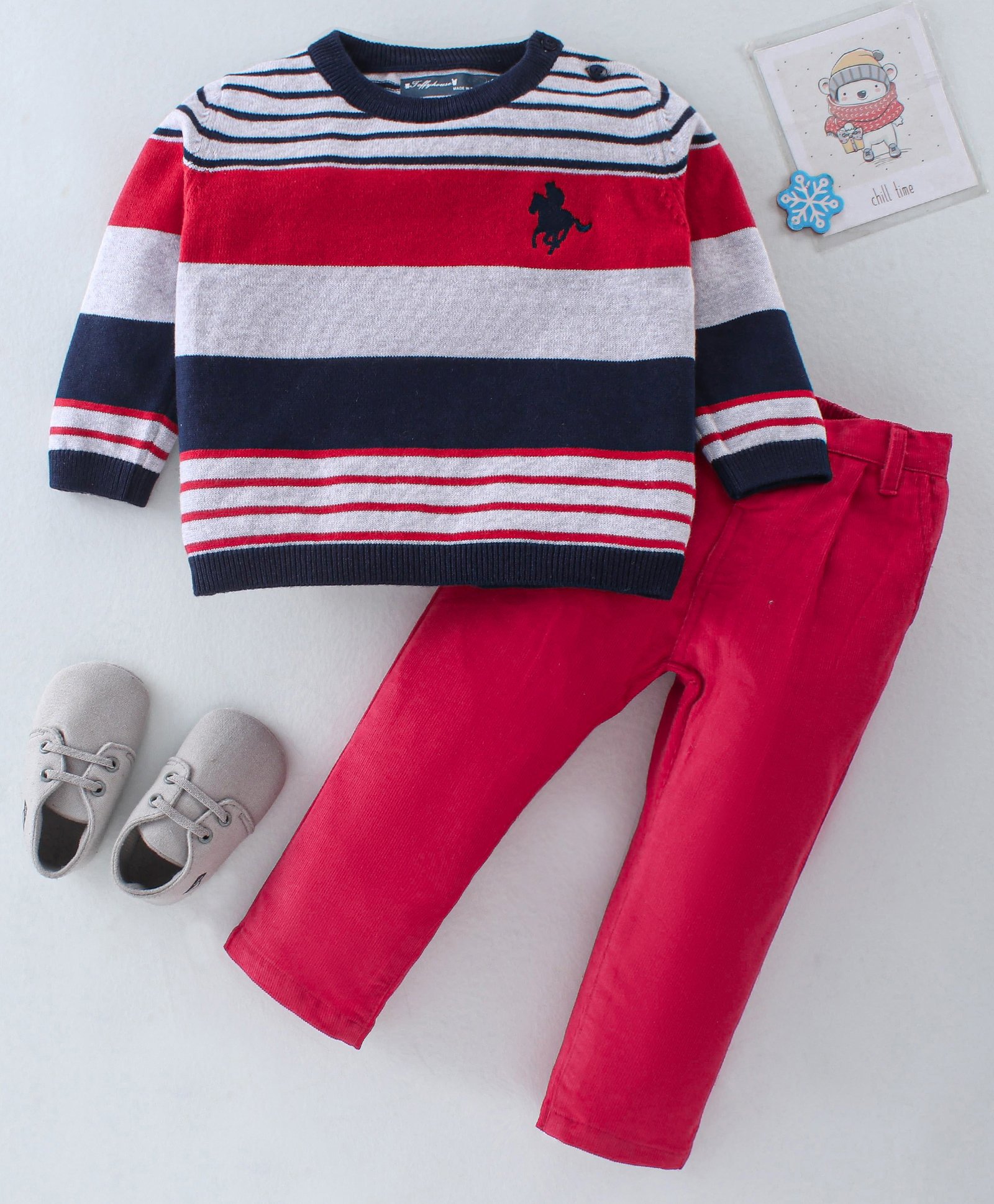 ToffyHouse Full Sleeves Striped Winter Wear Suit - Grey Red & Blue-image-27