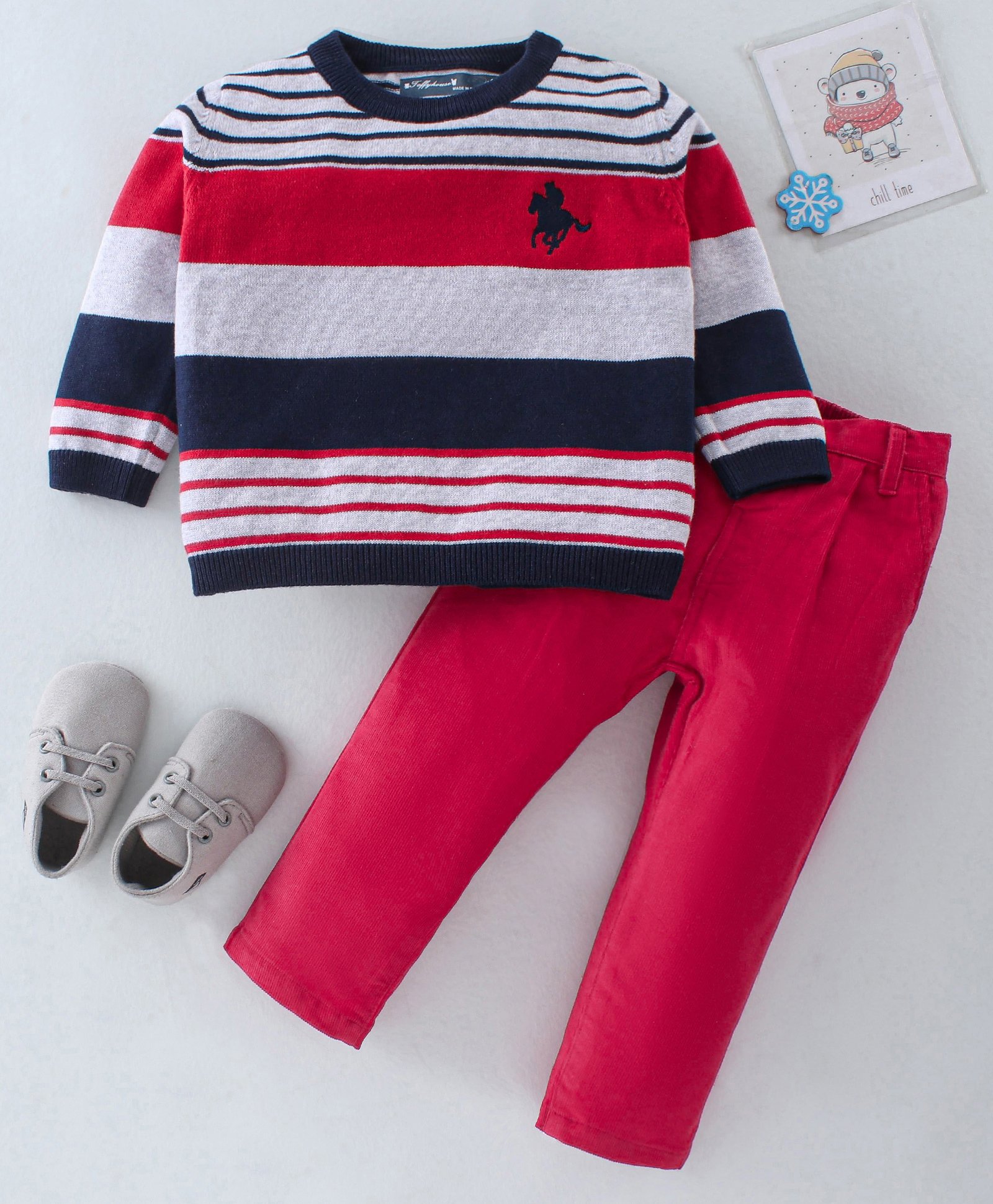 ToffyHouse Full Sleeves Striped Winter Wear Suit - Grey Red & Blue-image-32