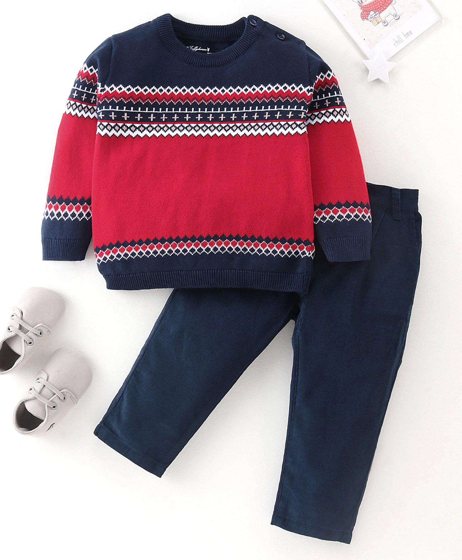 ToffyHouse Full Sleeves Winter Wear Suit With Ikat Print - Red & Navy Blue-image-3