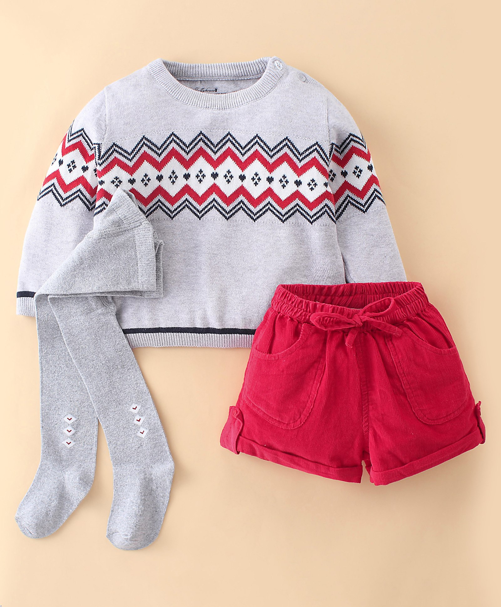 ToffyHouse Full Sleeves Winter Wear Suits With Ikat Design & Stockings - Grey & Red-image-23